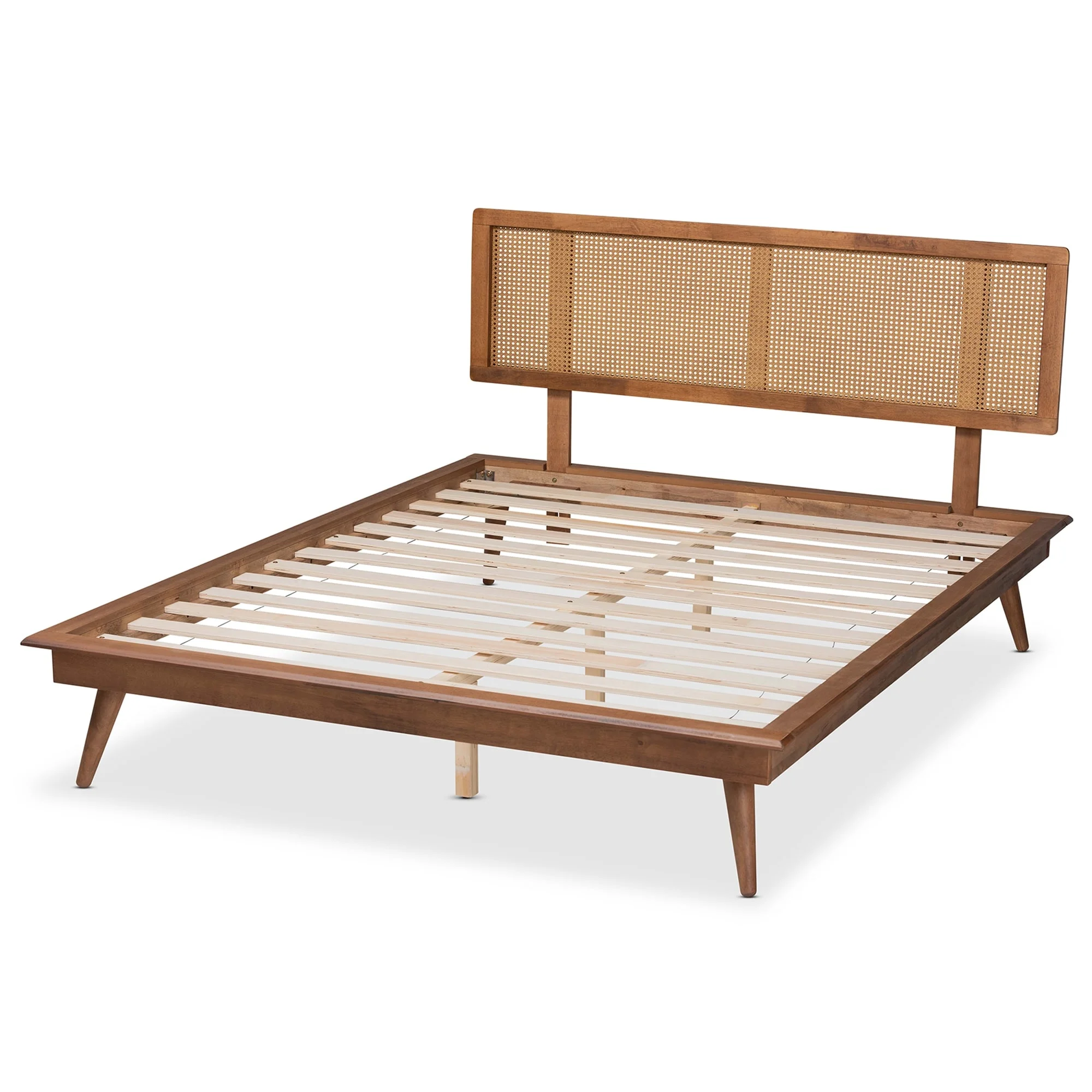 Baxton Studio Nura Mid-Century Walnut Brown Wood and Rattan Platform Bed - Full Queen