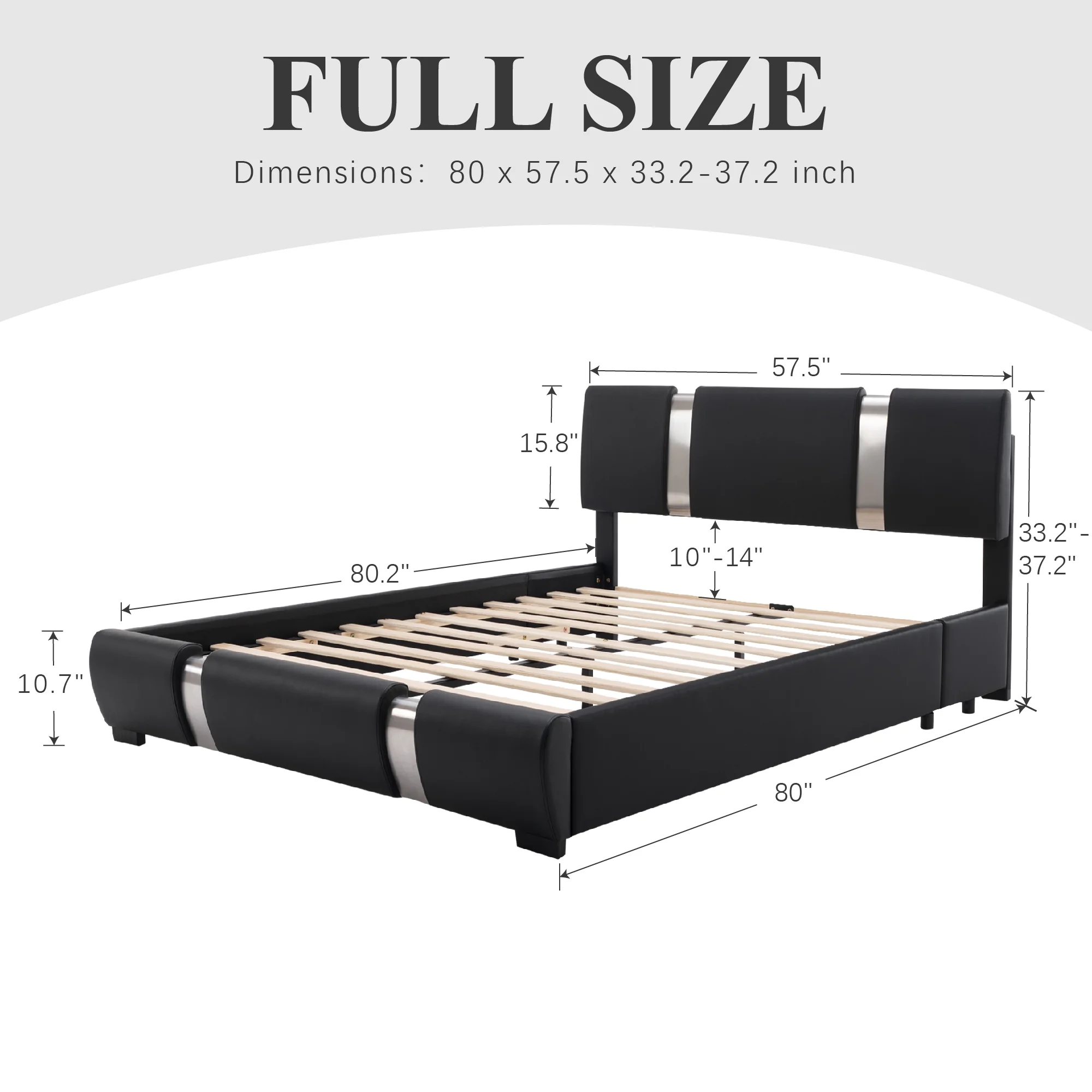 Kallabe Full Size Modern Bed Frame with Led Light,Iron Pieces Decor and Faux Leather Headboard, Black