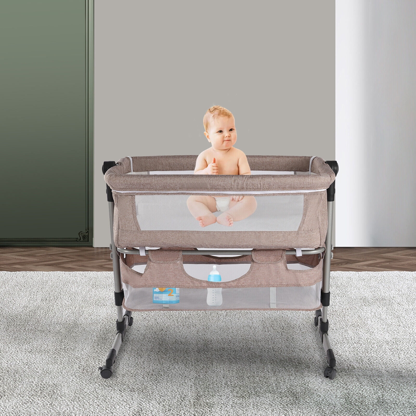 MIDUO Baby Bassinet with Mosquito Nets Adjustable Baby Bedside Sleeper with Cradle Mode Foldable Baby Bed