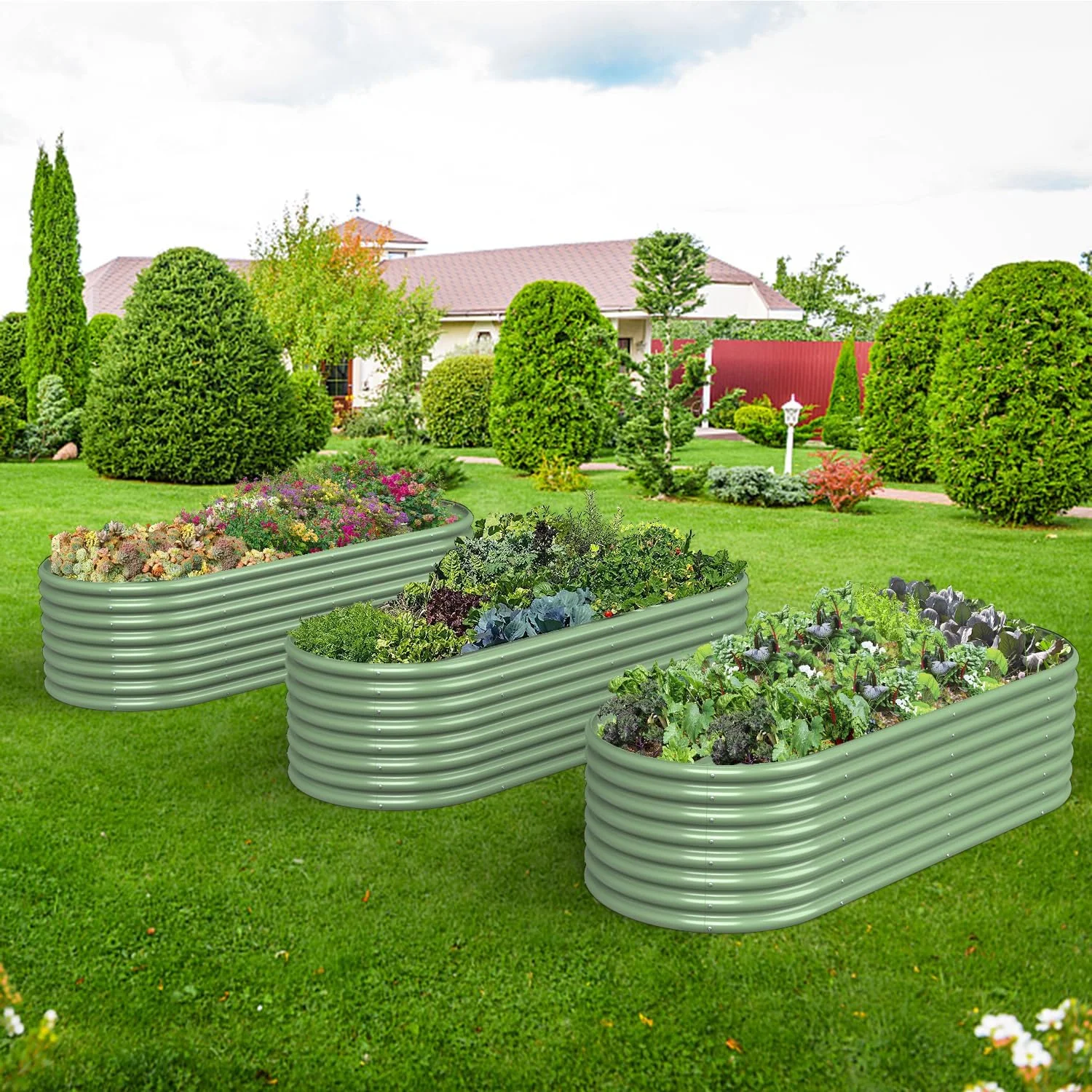 OGKBIR 8FT(L)×4FT(W)×2FT(H) Galvanized Raised Garden Bed Outdoor, Metal Raised Garden Beds for Flower, Raised Planter Box Outdoor for Herb, Vegetable-Light Green