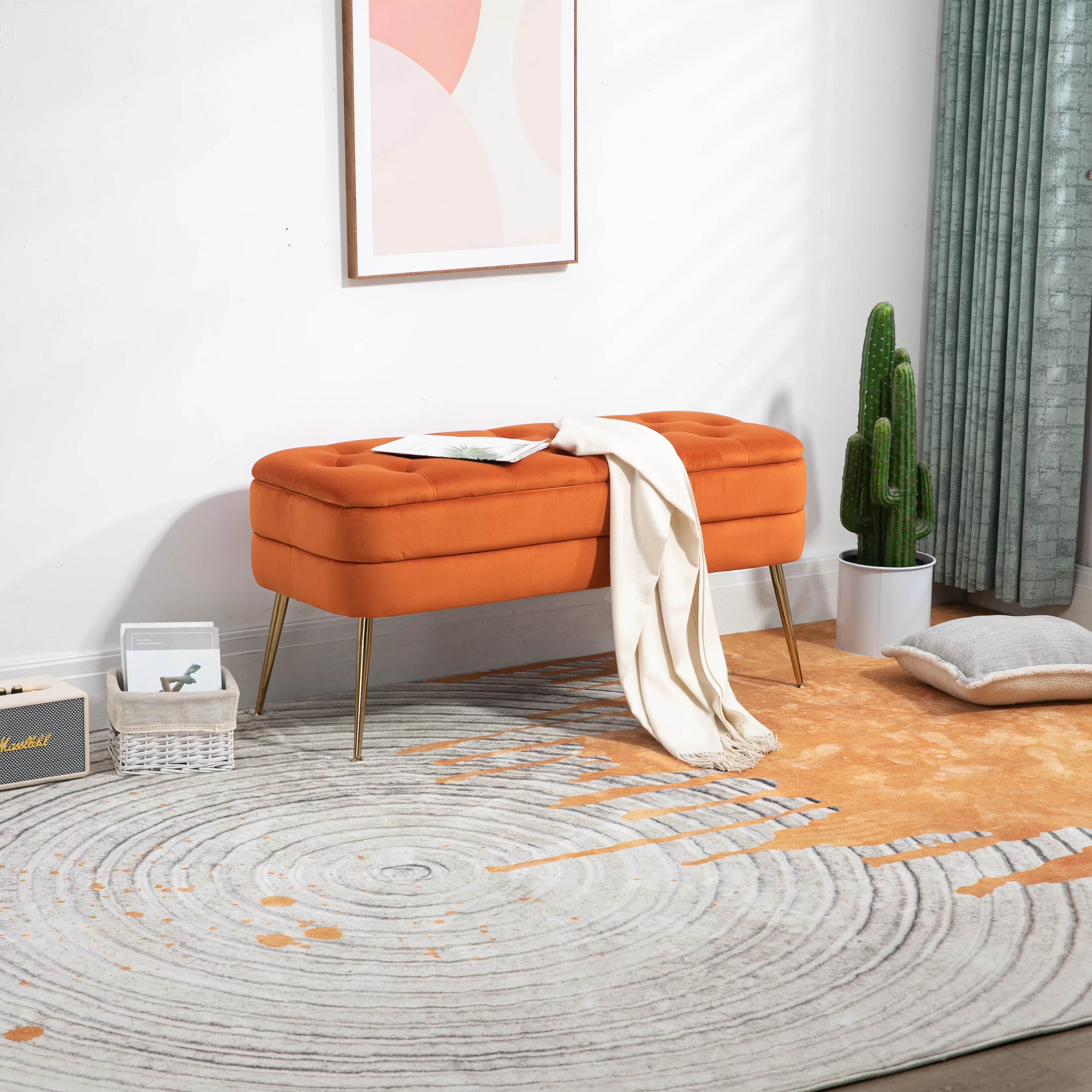 Storage Ottoman Bench Upholstered Velvet Storage Ottoman with Safety Hinge Bench with Storage Bedroom Ottoman Entryway Padded Footstool, Ottoman Bench for Living Room & Bedroom