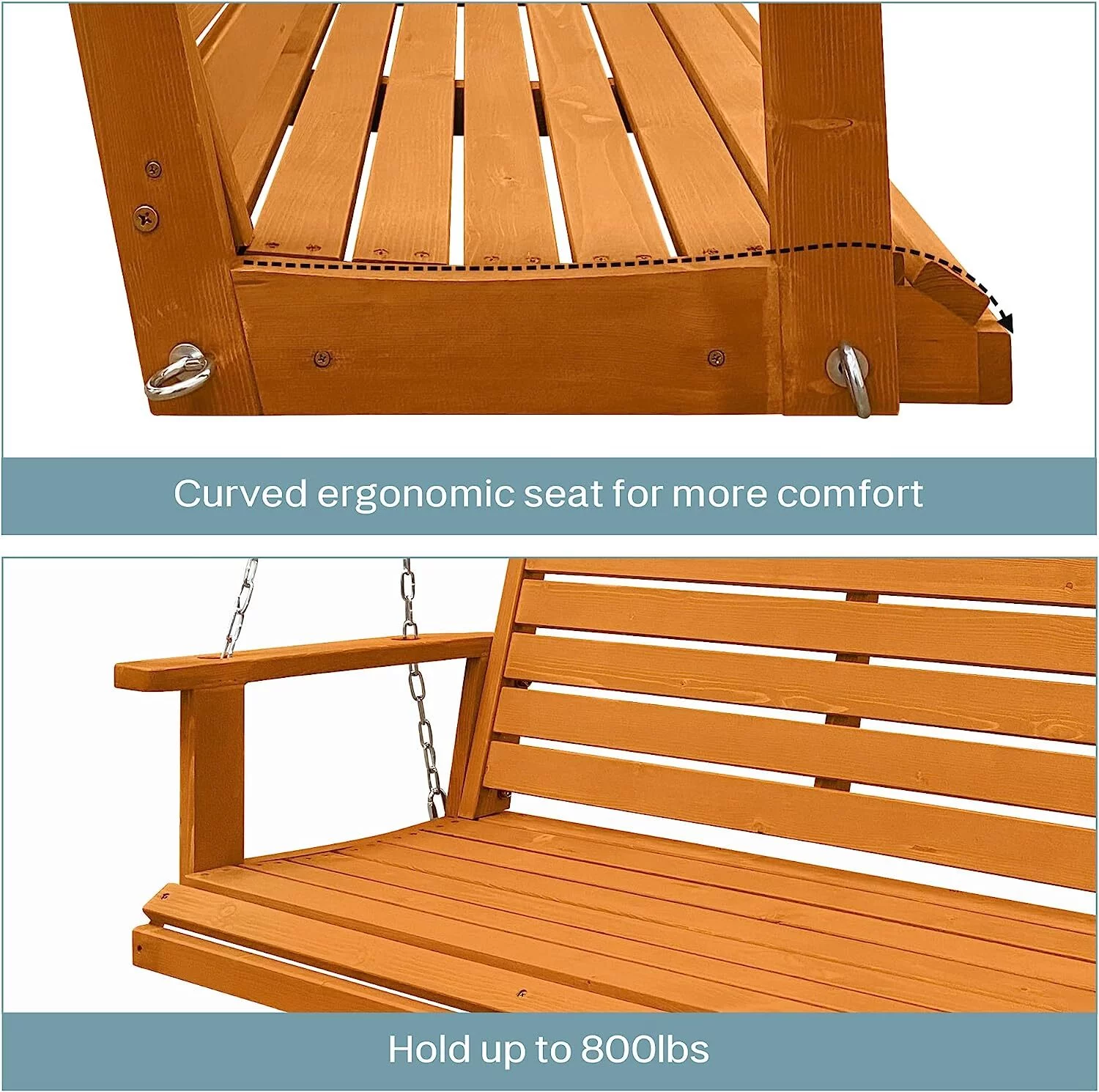 Wooden Porch Swing 2-Seater, Ergonomic Seat, 42.5 Inch Bench Swing for Outdoor Patio Garden Yard, Golden Honey