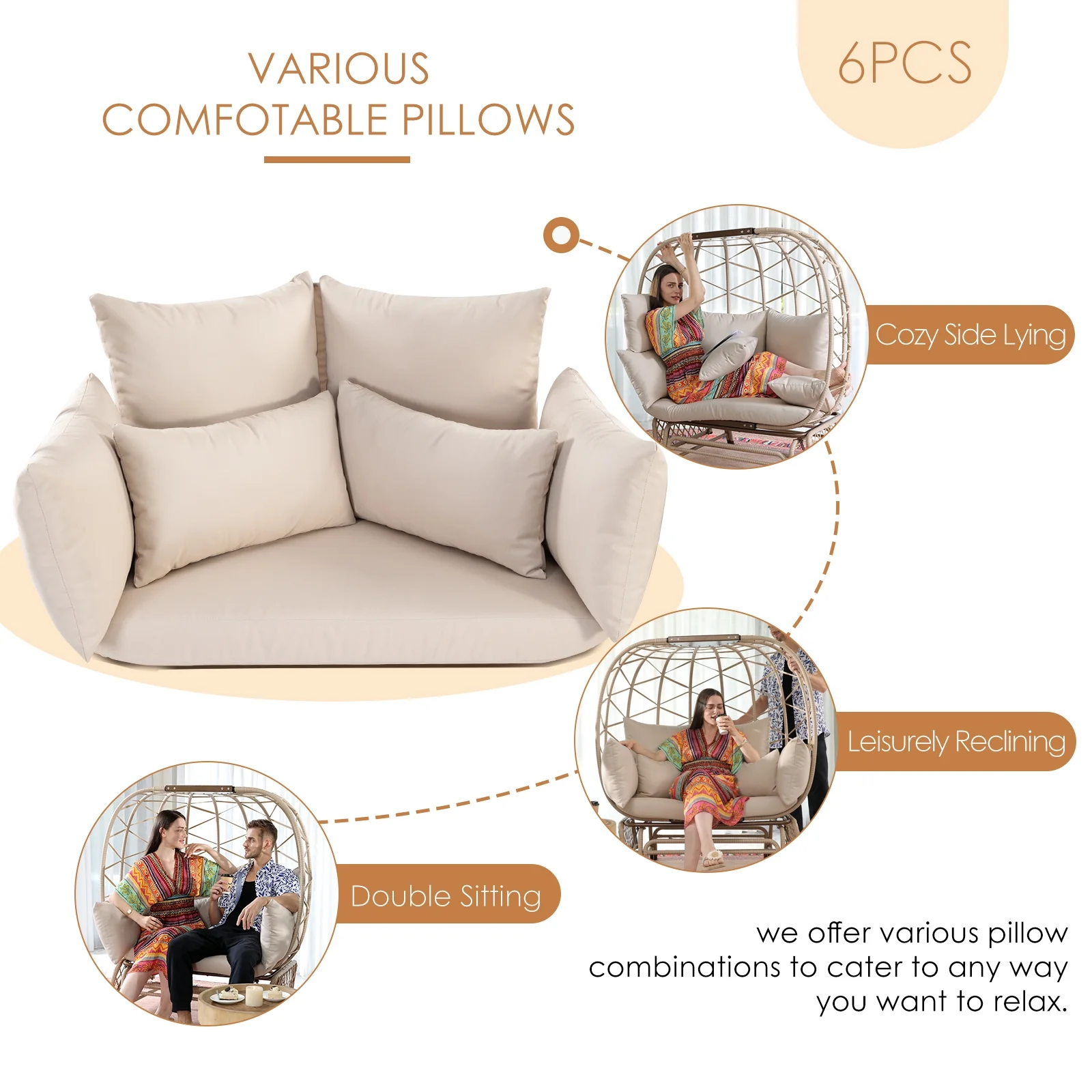 NICESOUL Double Wicker Rocking Egg Chair Indoor Outdoor Oversized Egg Basket Lounge Chair for 2 Persons with Legs, Patio Egg Chair with Thick Cushions 500lbs Egg Shaped Loveseat Bedroom(Beige)