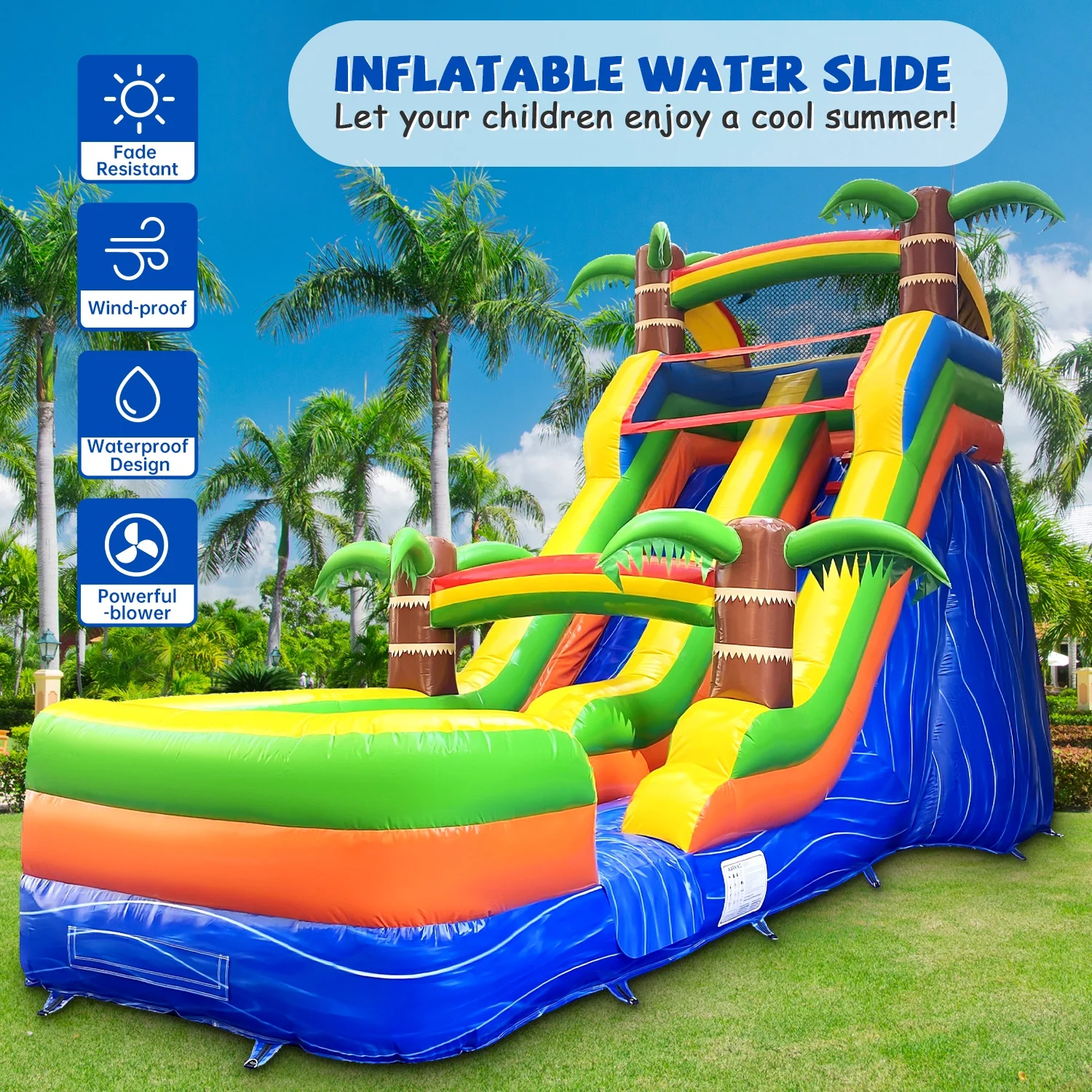 GOOSH 16' x 26.2' Inflatable Water Slide with Air Blower, Blow Up Water Slides for Backyard Outdoor Fun, Large Water Slide-Climbing Wall, Slides & Splash Pool