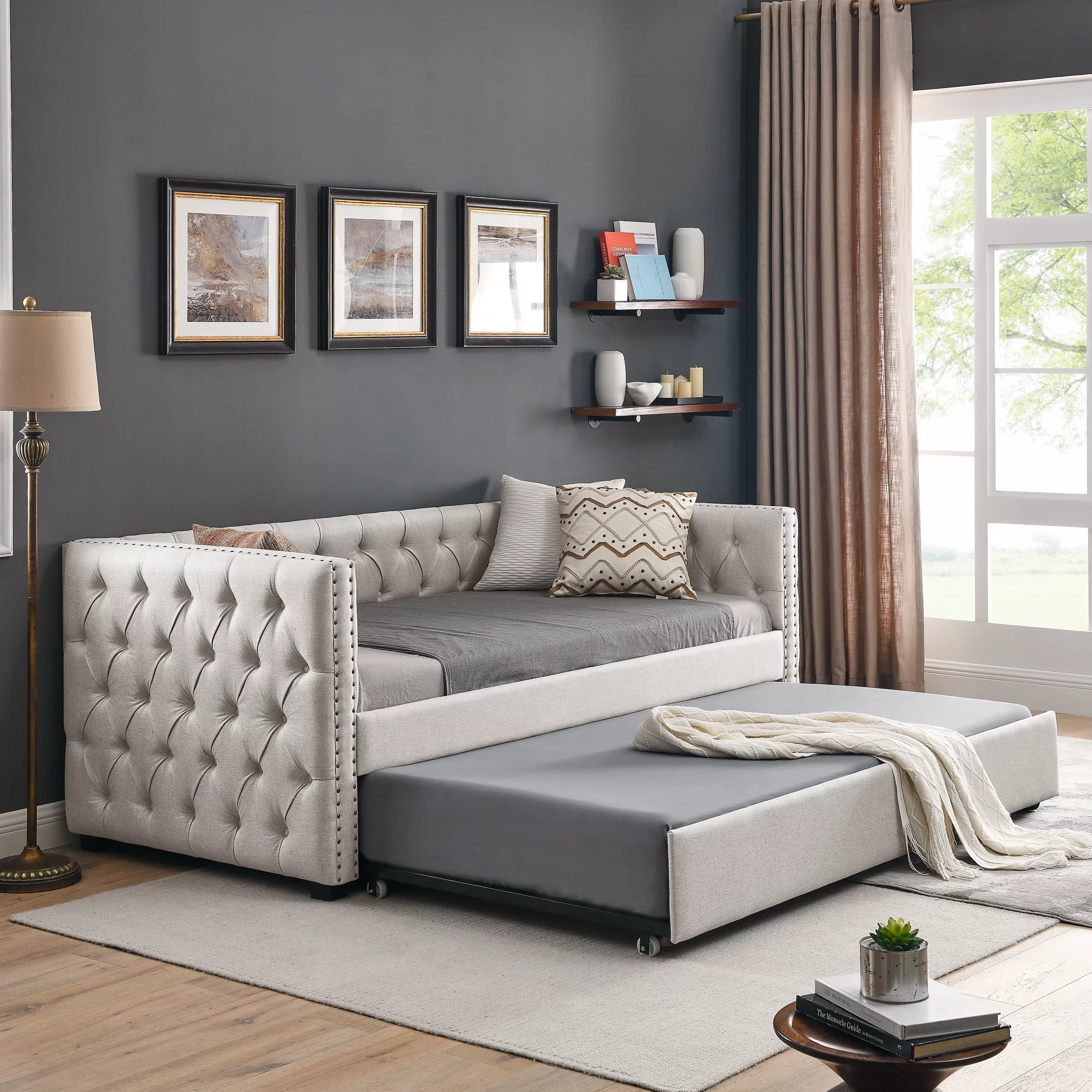 Aukfa Upholstered Daybed with Trundle, Twin Daybed, Button Tufted, Nailhead Trim - Beige