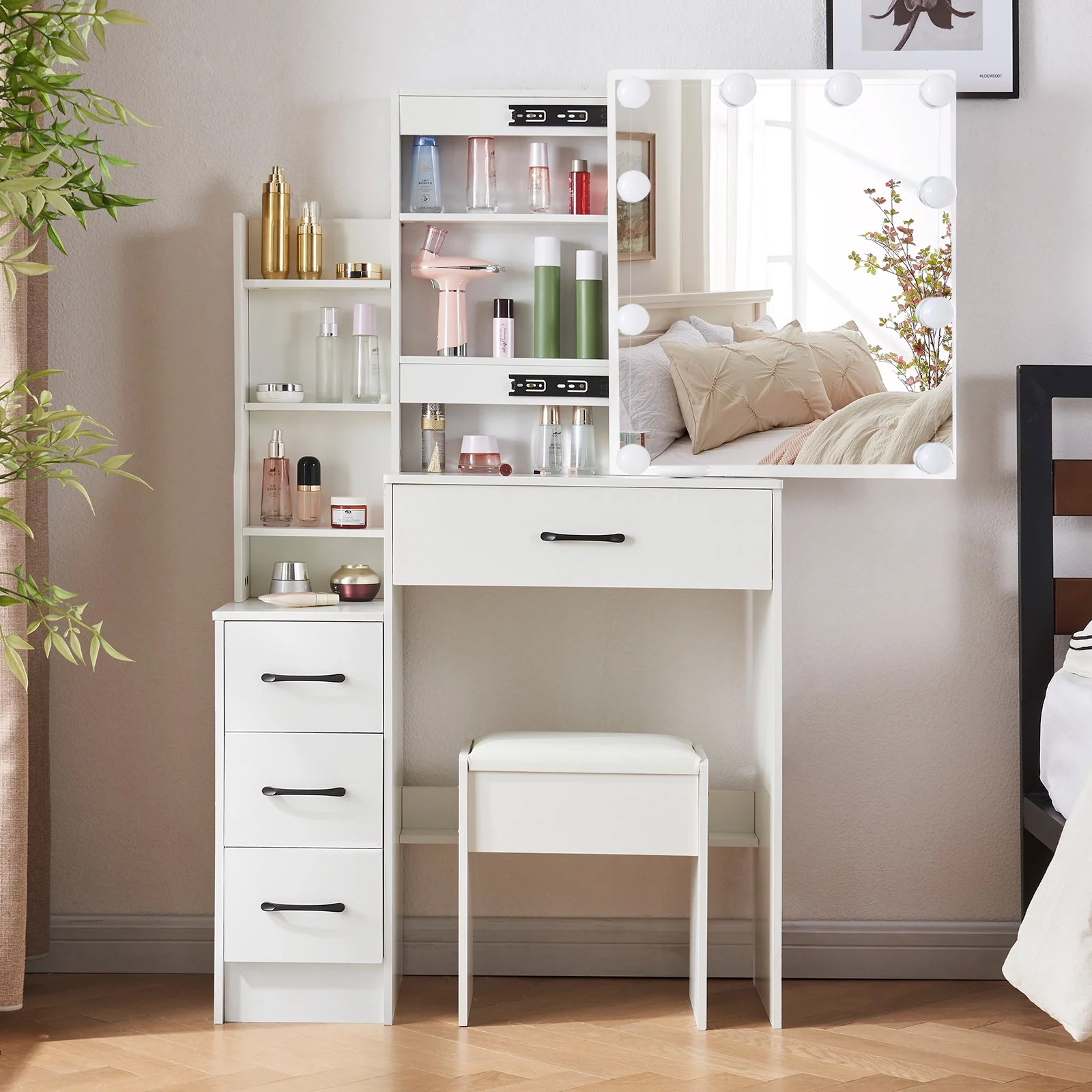 Yamissi Modern Makeup Vanity with LED Lighted Mirror and Stool, Vanity Table with USB Ports for Bedroom, Vanity Desk with Storage Shelves & Drawers, White