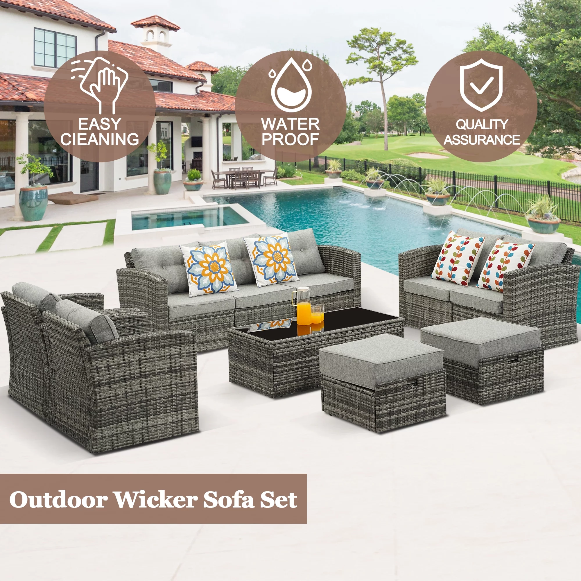 Superjoe 10 Pcs Outdoor Wicker Patio Furniture Set Aluminum Frame Patio Sectional Sofa with Coffee Table,Gray