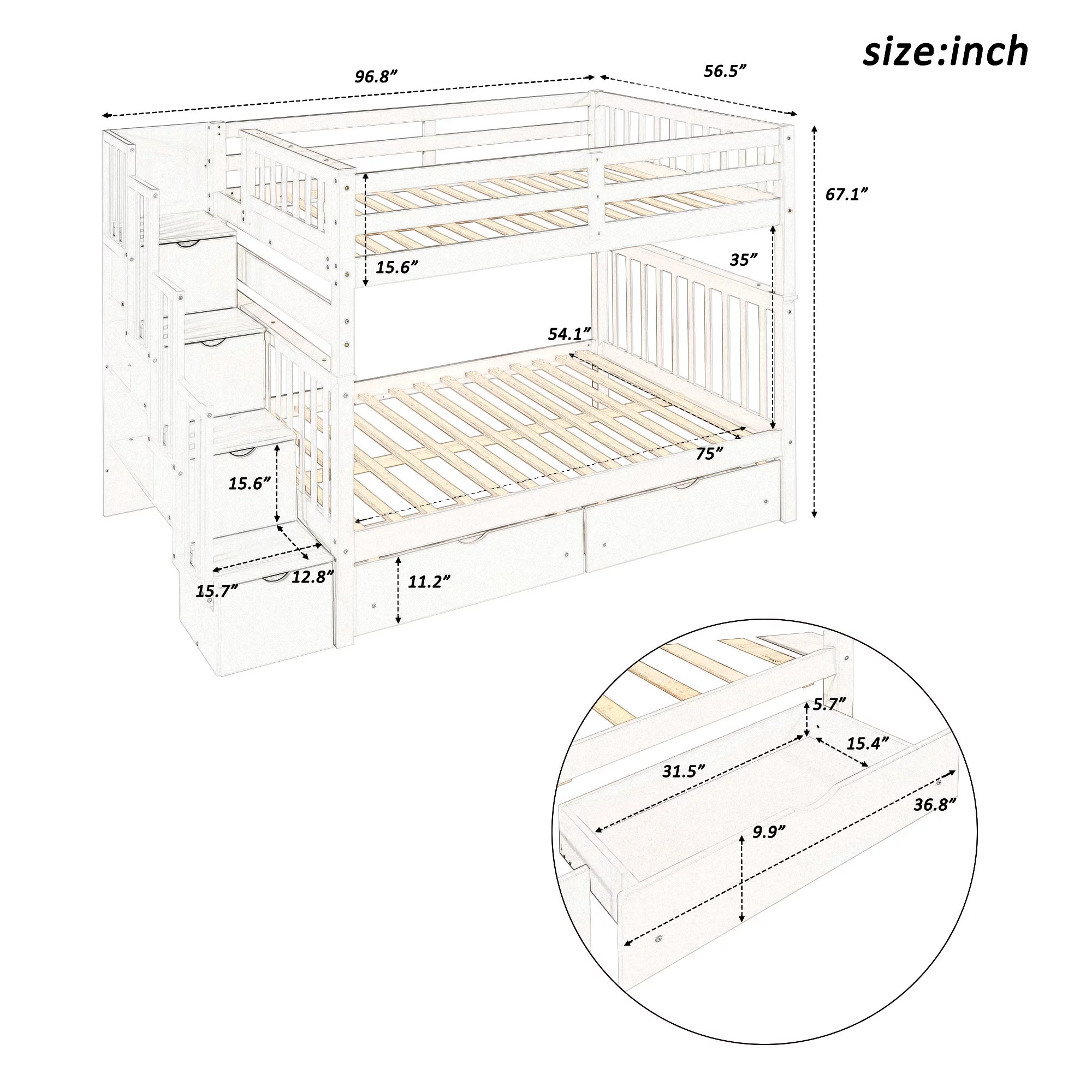 Docooler Full Over Full Bunk Bed with Shelves and 6 Storage Drawers, Gray
