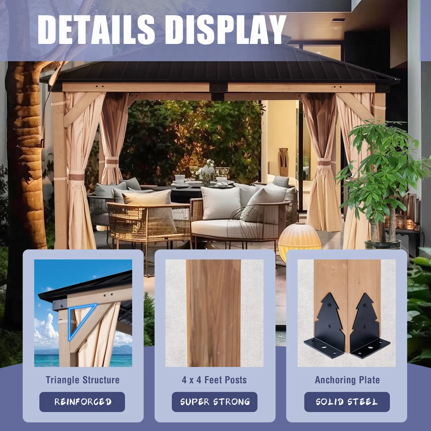 HEAVDUTY Hardtop Wood Gazebo 10x12 ft – Cedar Wood Frame Gazebo with Double Metal Roof – Patio Gazebo Kits with Mosquito Netting & Curtains – Outdoor Wooden Gazebos Pavilion for Backyard and Deck