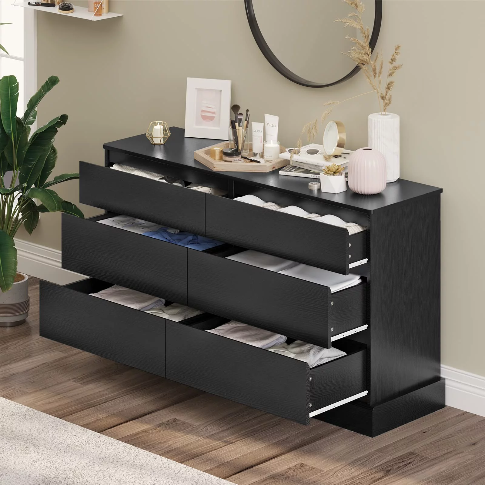 6 Drawer Double Dresser, 51.5''W Wooden Storage Chest of 6 Drawers, Large Capacity Clothing Storage Cabinet, Wide Black Dresser for Bedroom