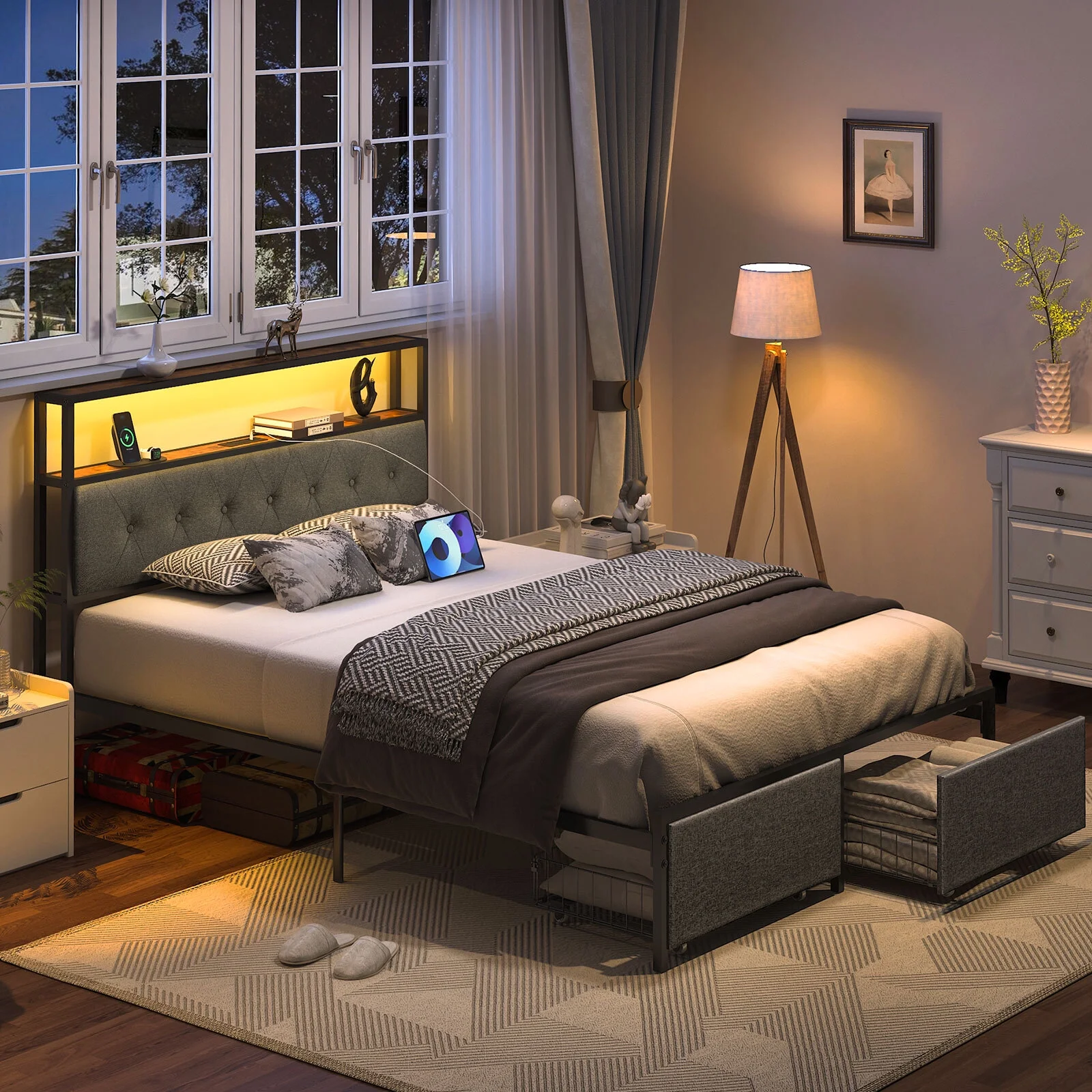 Yoobure Queen Bed Frame with Headboard, Metal Platform Bed Frame Queen Size, Heavy Duty Bed Frames with 2 Storage Drawers, Bedframe with Charging Station & LED Light, No Box Spring Needed, Noise Free