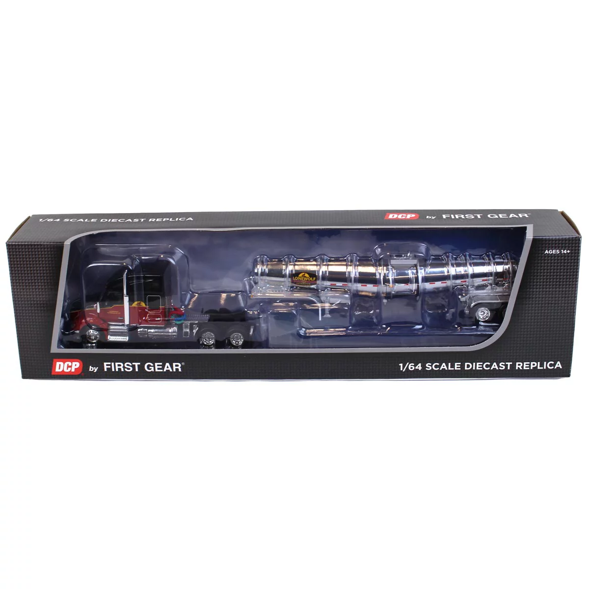 First Gear  1-64 Scale 76 Mid-Roof Sleeper Cab Kenworth T680 Diecast Truck, Black, Red & Chrome