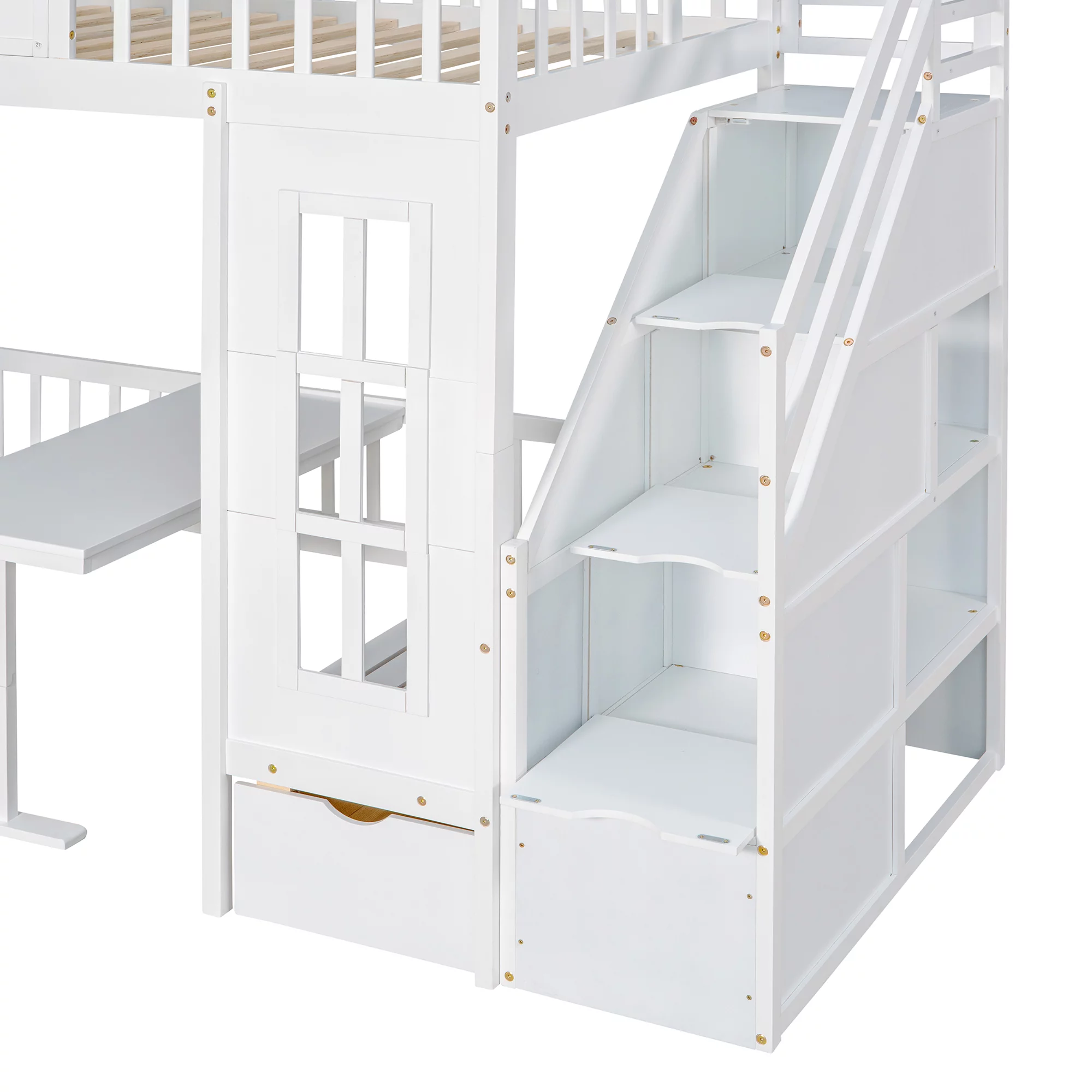 Twin Over Twin Bunk Beds with Stairs, Wood Loft Bed with Desk and Seat Can be Turned Into Bunk Bed, Convertible Dorm Bunk Bed with 2 Storage Drawers for Kids Teens(White+White)