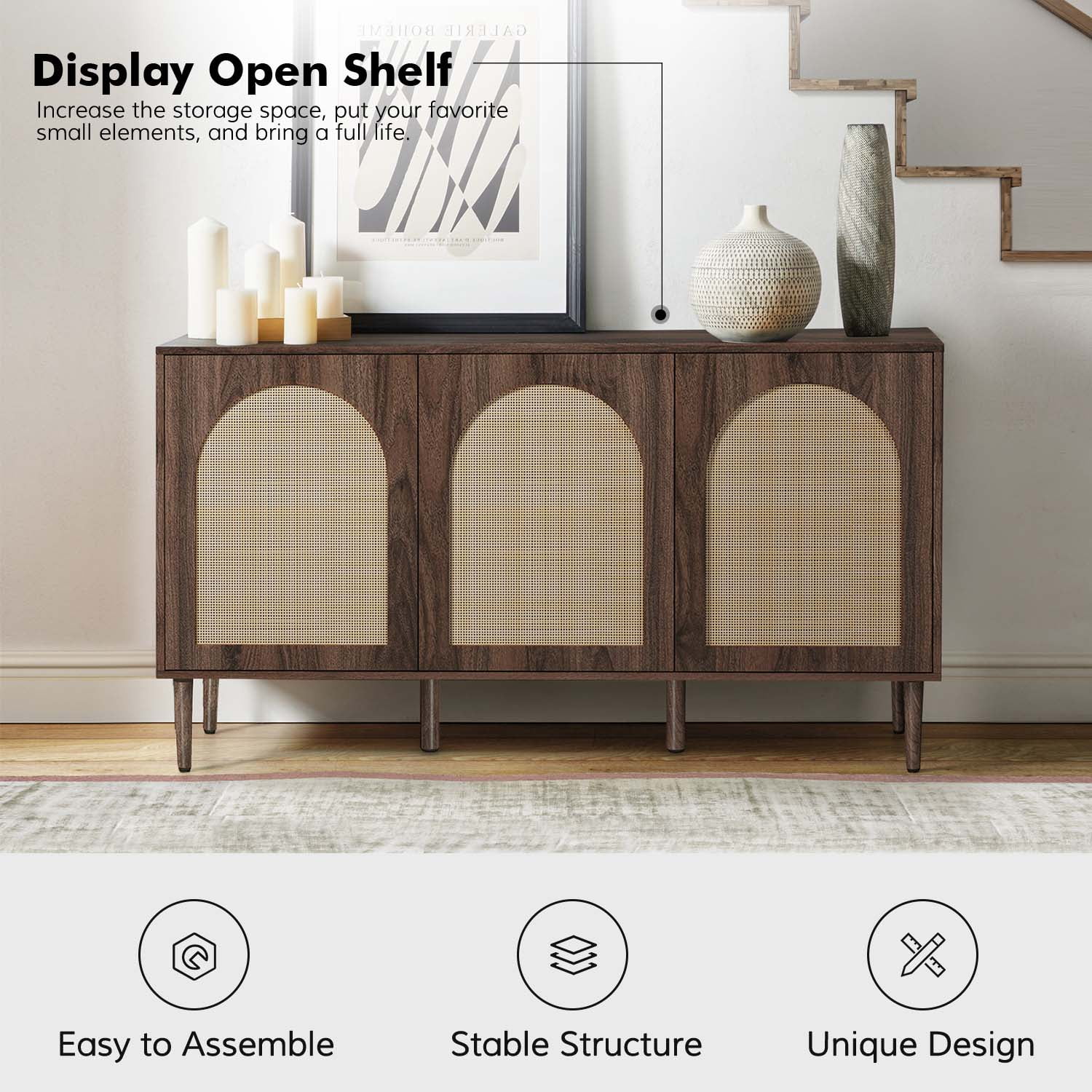 56'' Wood Rattan Arched 3 Doors Sideboard Buffet Cabinet Storage Credenza TV Stand Dining Metal Legs Home Kitchen Living Room Walnut