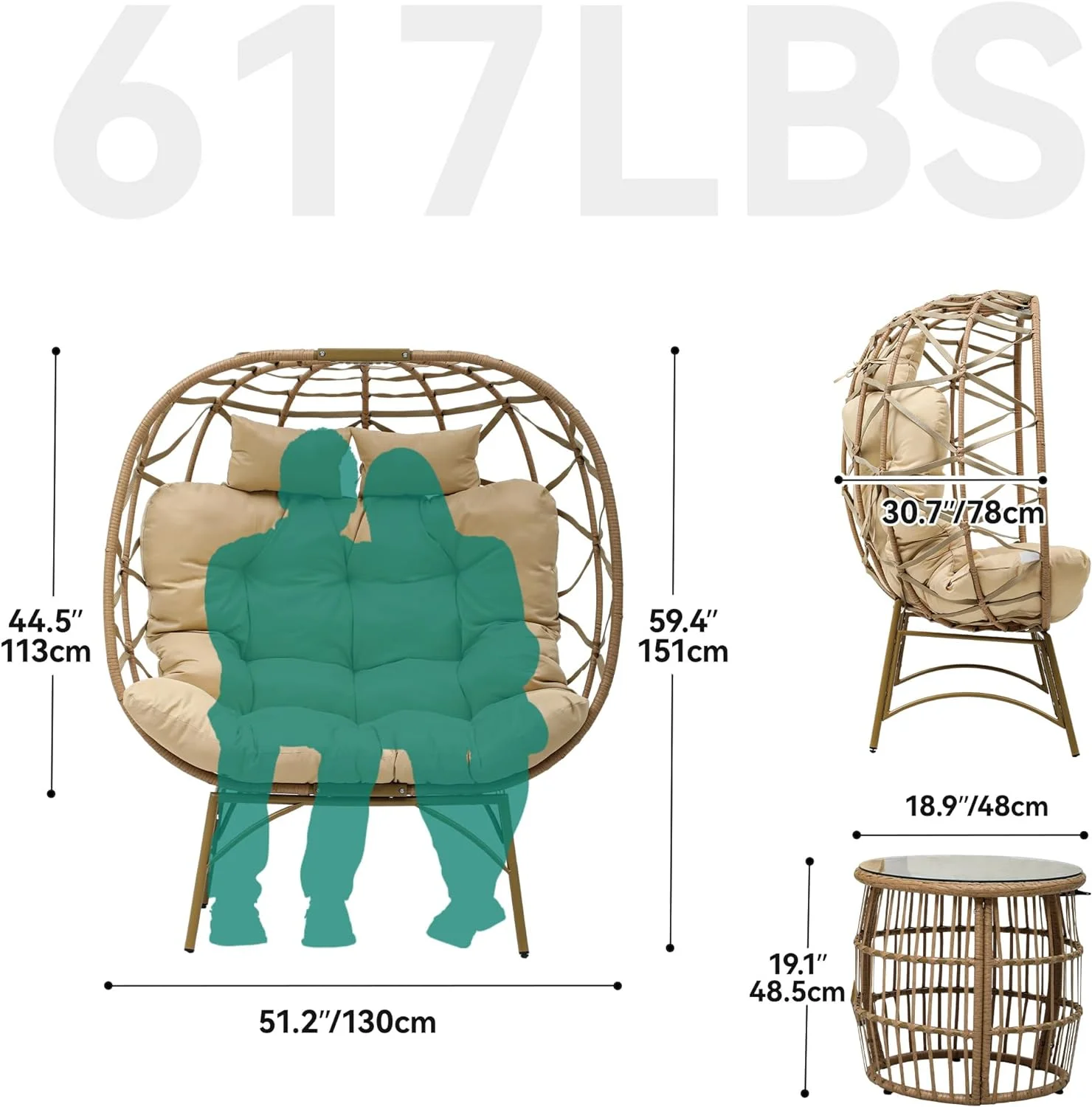 Dextrus Double Egg Chair with Legs 2 Person Wicker Egg Chair Indoor Outdoor Patio Egg Chair with Cushions 617lbs for Patio, Bedroom, Garden and Balcony, Beige