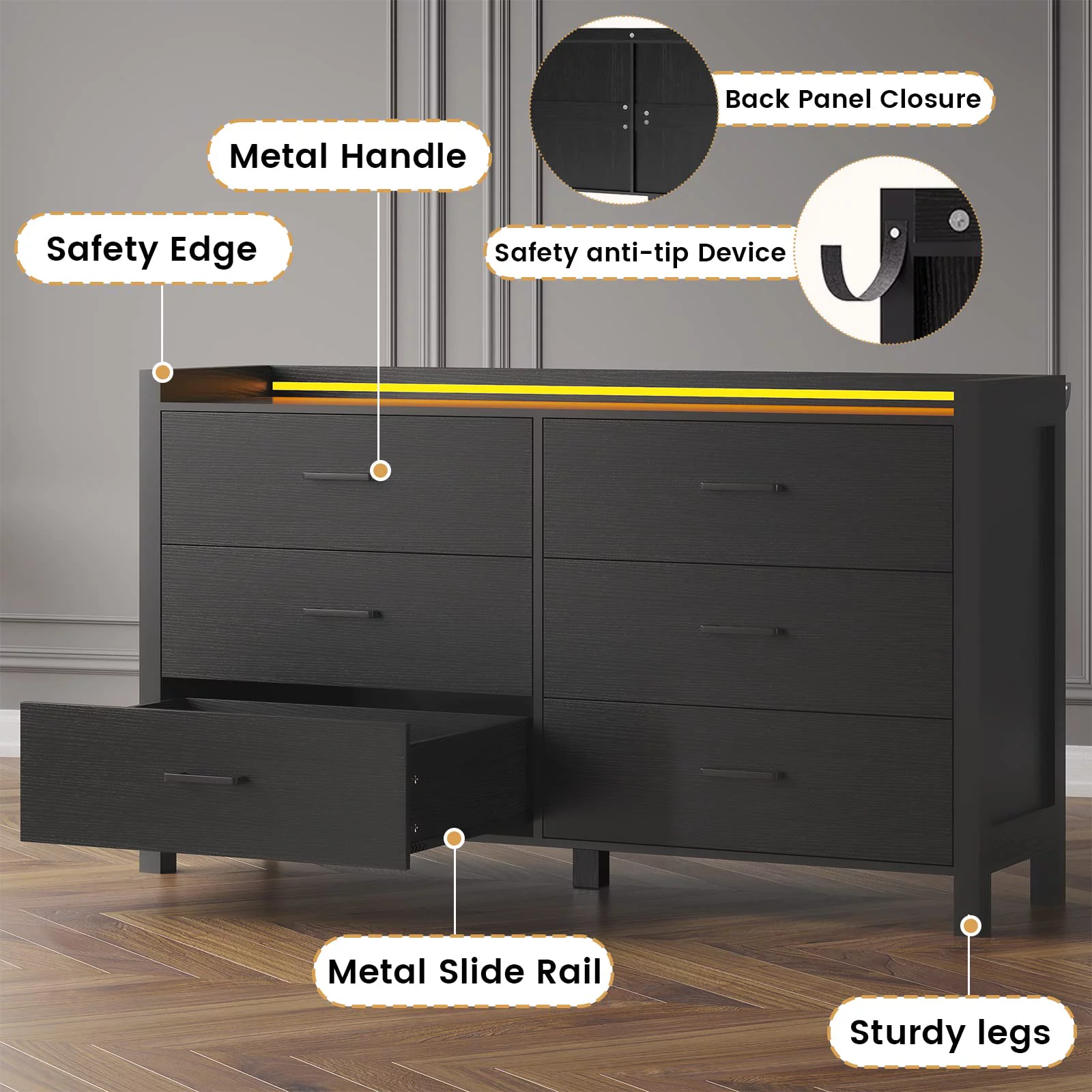 6 Drawer Double Dresser with LED Lights, Large Wooden Storage Cabinet,Drawer Dresser for Bedroom, Hallway, Entryway,Black