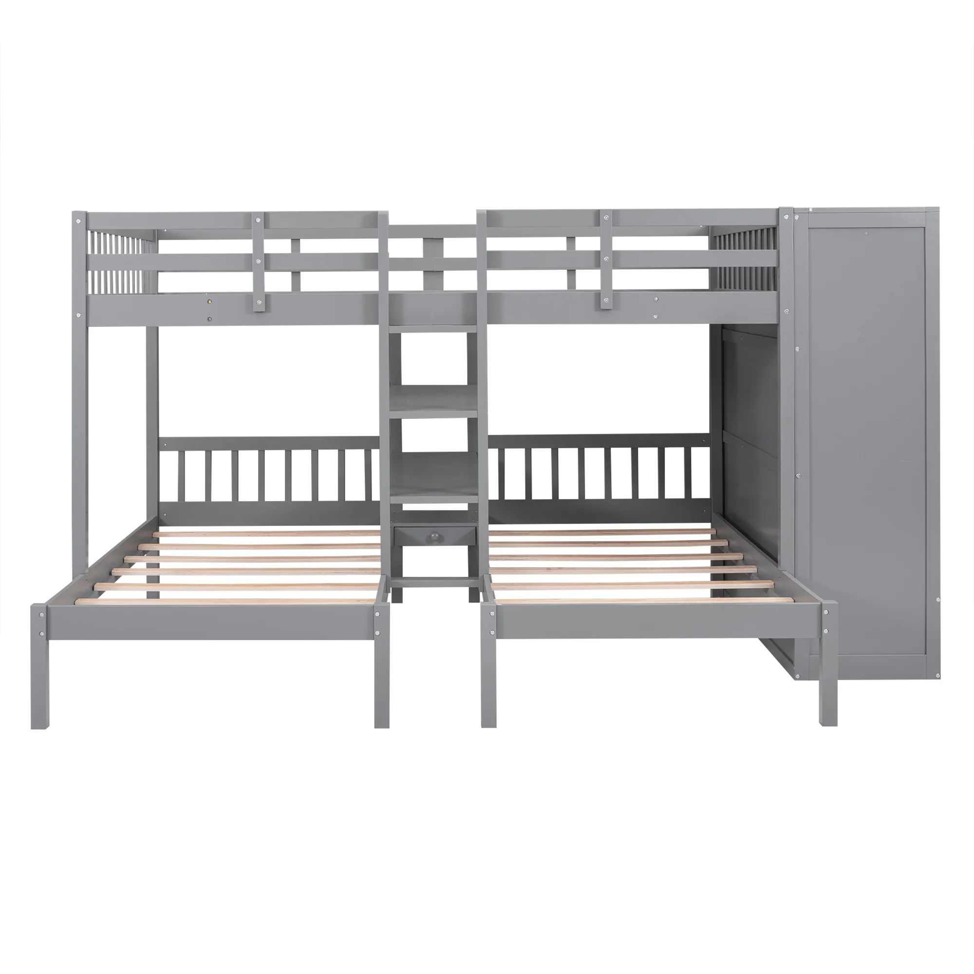 Churanty Full-Over-Twin-Twin Bunk Bed with Shelves, Wardrobe and Mirror, Gray