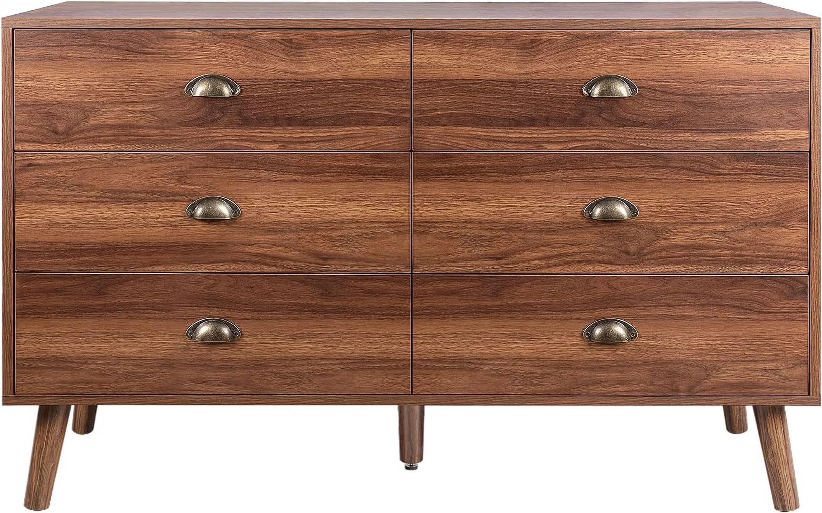 Popular Mid-Century Dresser  6 Drawer Dresser for Bedroom  Modern Walnut Dresser with Metal Handle  Wood Dresser Chest of Drawers for Living Room  Hallway