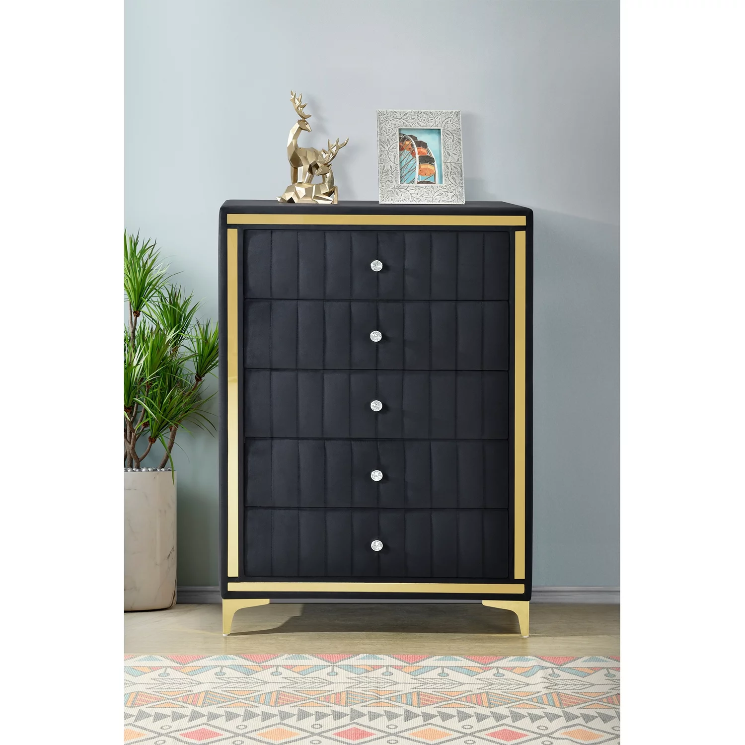 Better Home Products Monique Velvet Upholstered 5-Drawer Chest Dresser with Gold Legs and Gold Trim in Black - Fully Assembled