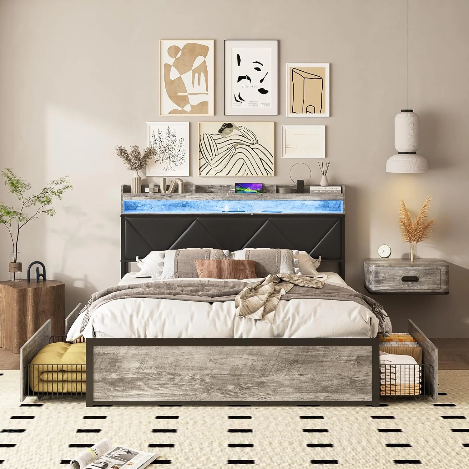 YZboomLife Full Size Led Bed Frame with Charging Station and 4  Drawers  Metal Platform Bed  Upholstered Headboard with 3 Shelves  No Box Spring Needed  Easy Assembly  Gray