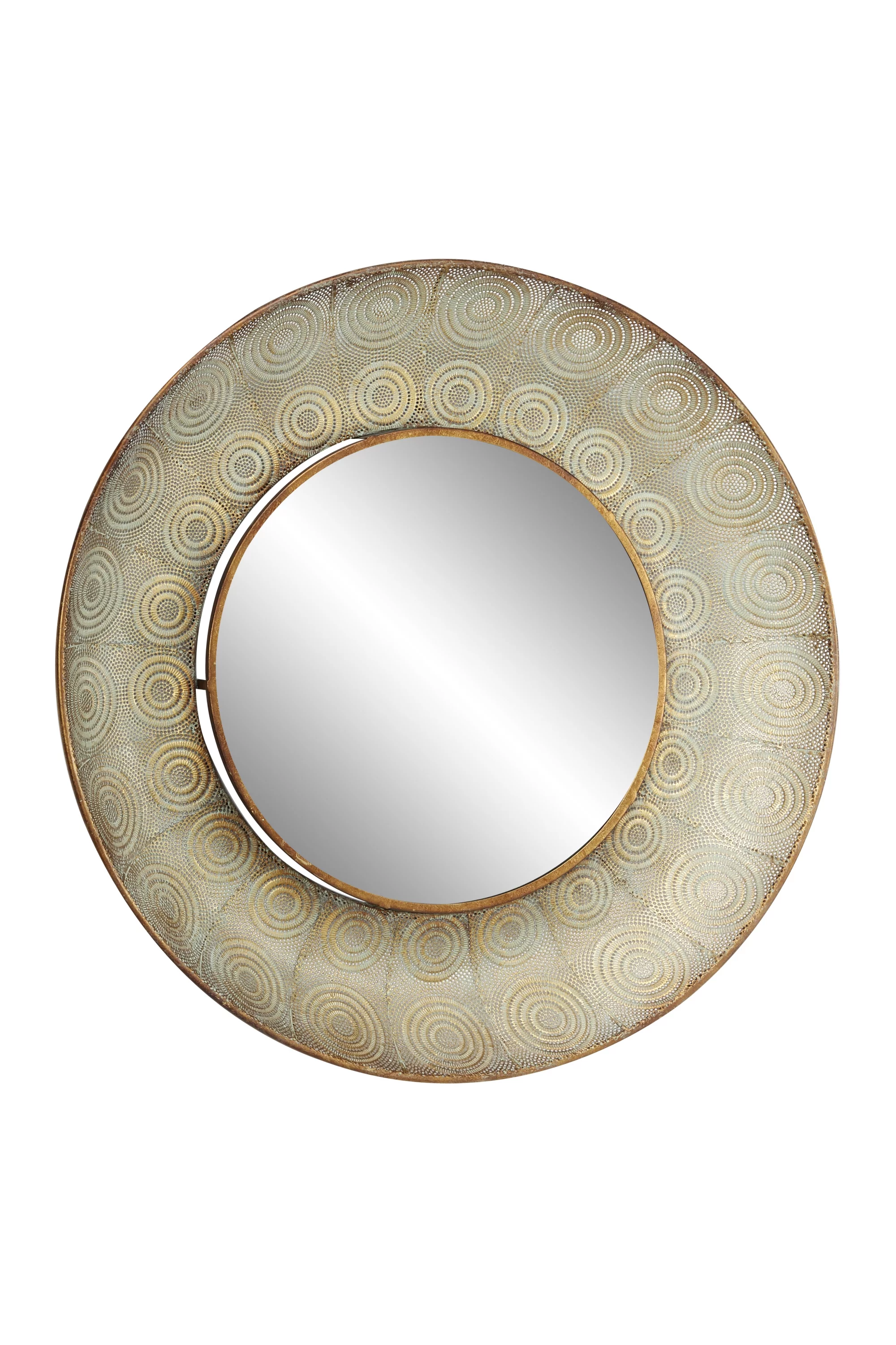 Decmode Pierced Gold Metal Large, Round Wall Mirror with Eclectic Circle Designs, 36” x 36”