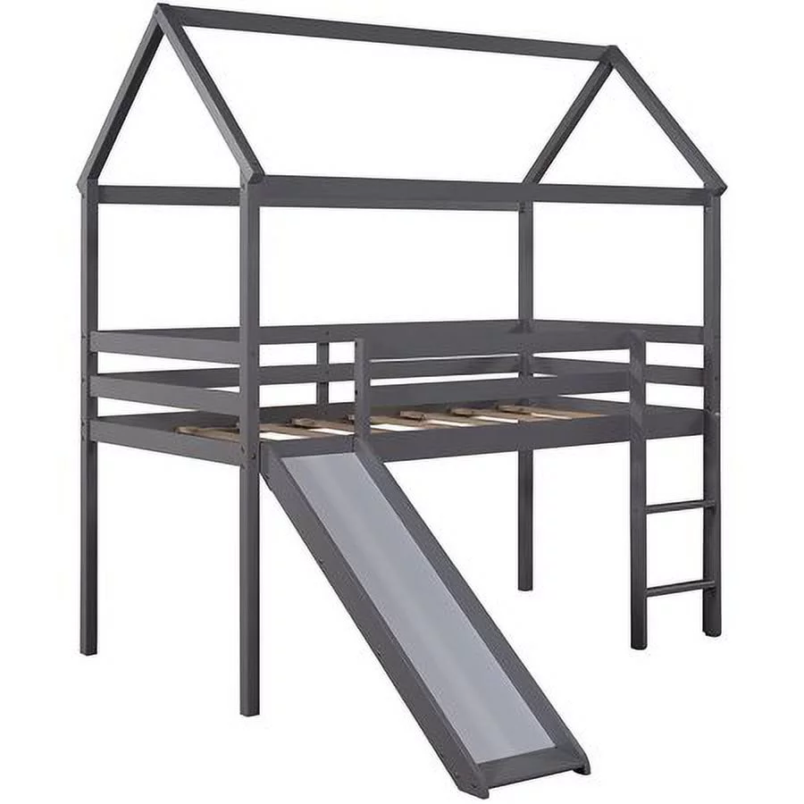 CHURANTY Twin Size Loft Bed with Slide, Wood House Loft Bed Frame , Twin Size Playhouse Loft Bed for Kids Boys Girls, Gray