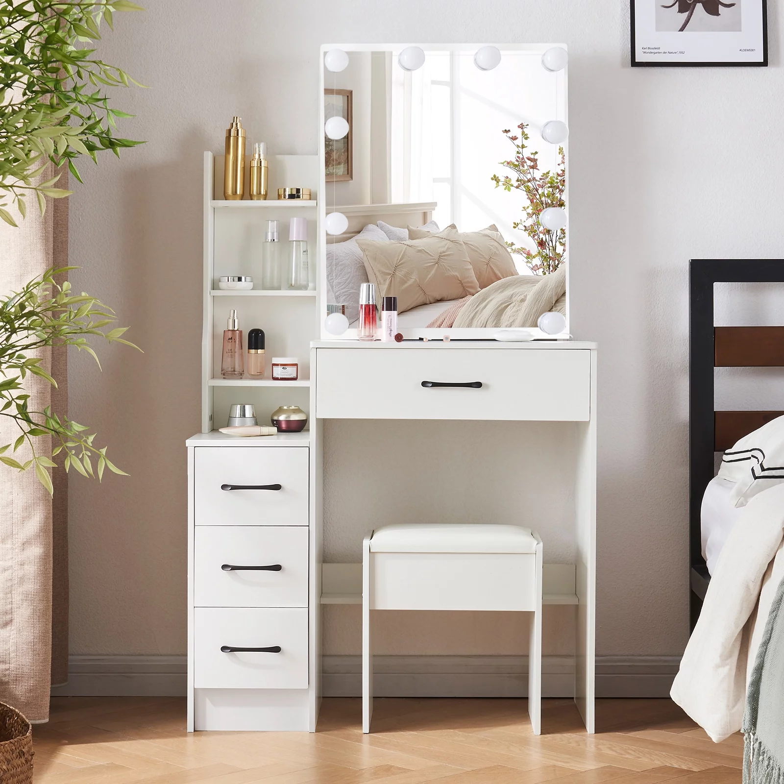 Yamissi Modern Makeup Vanity with LED Lighted Mirror and Stool, Vanity Table with USB Ports for Bedroom, Vanity Desk with Storage Shelves & Drawers, White