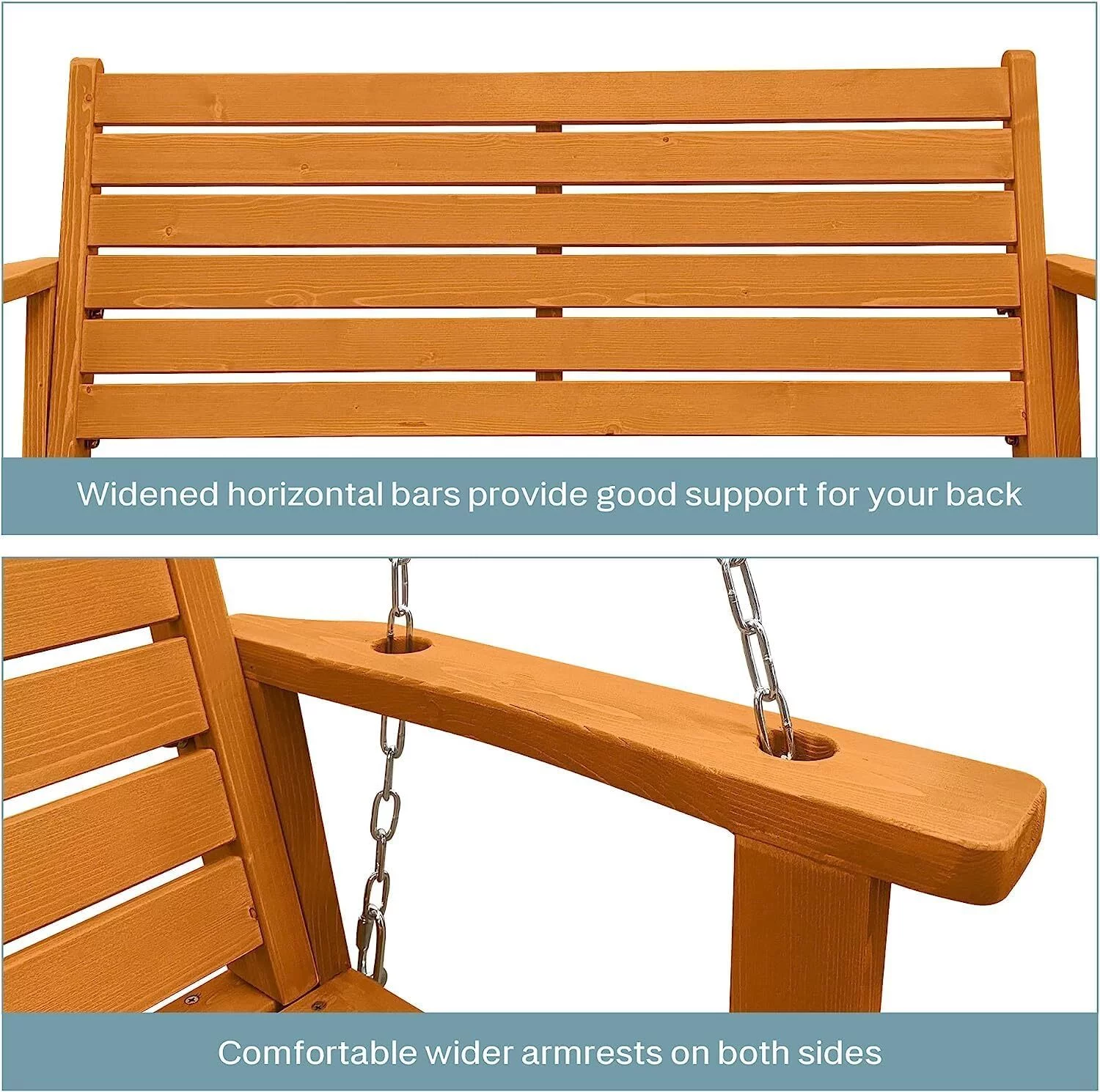 Wooden Porch Swing 2-Seater, Ergonomic Seat, 42.5 Inch Bench Swing for Outdoor Patio Garden Yard, Golden Honey