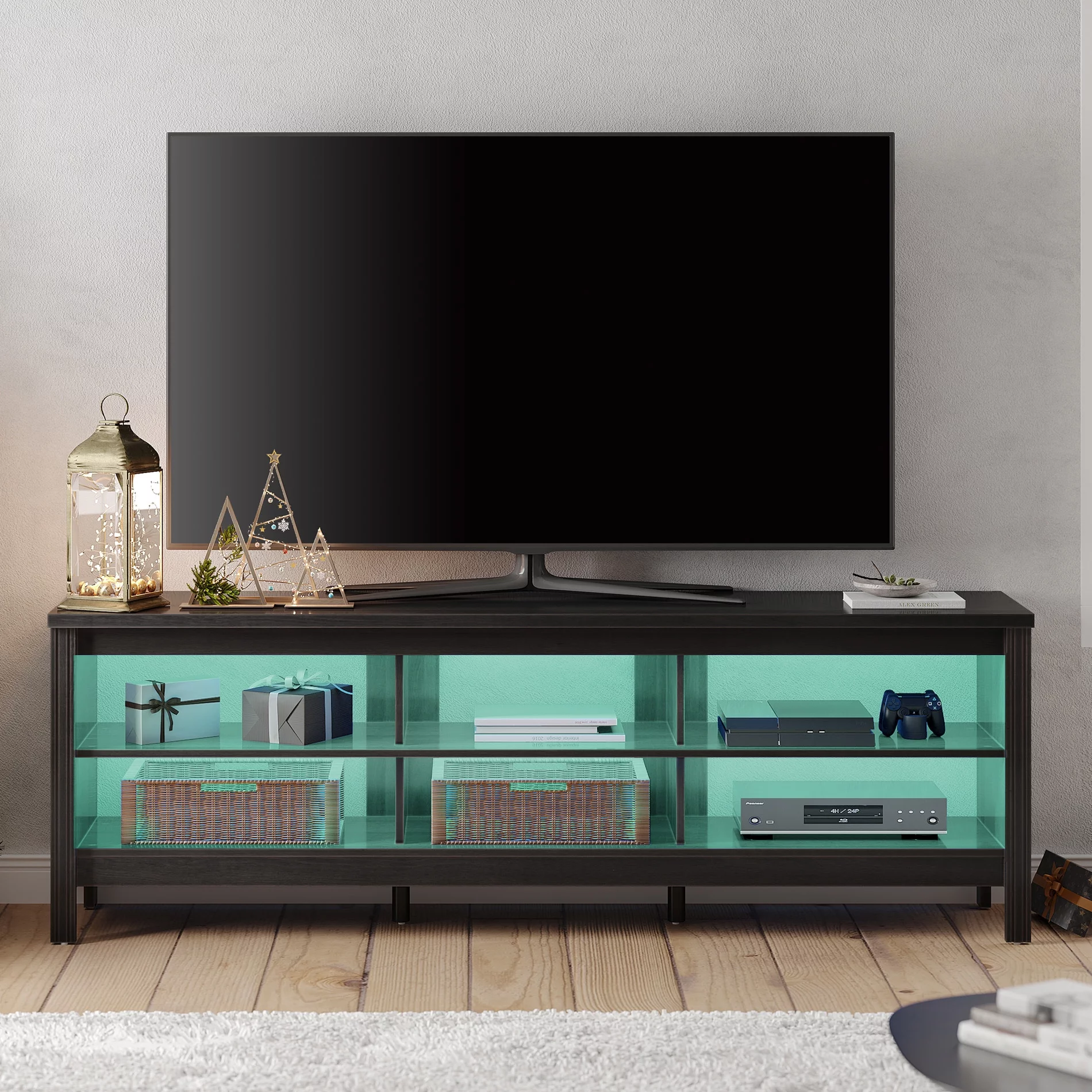 Farmhouse TV Stand for 75 inch TV Wood Television Stand for 65 70 inch TV,Entertainment Center with 6 Storage Cabinets for Living Room, Black