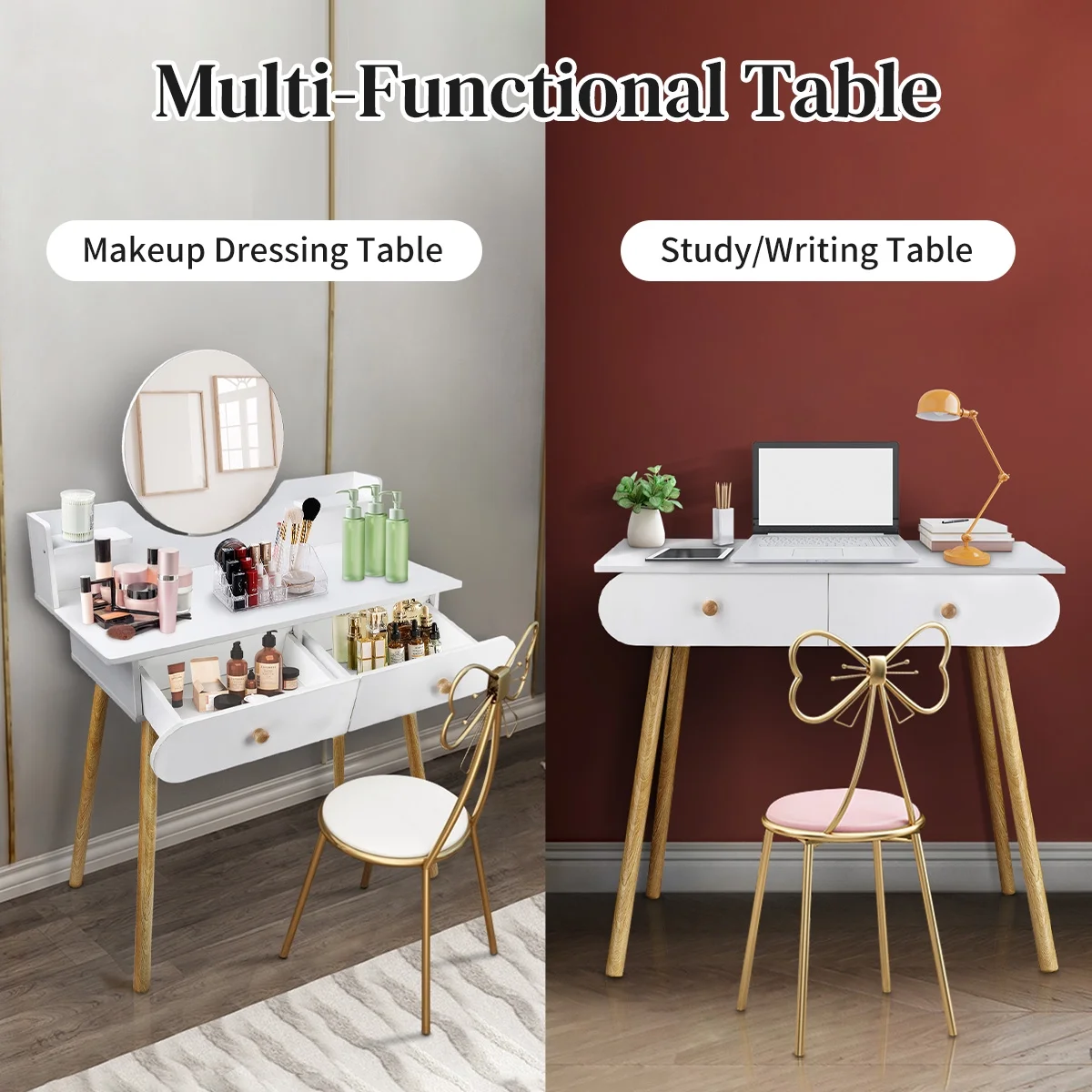 ANJORALA White Vanity Table Set with Mirror, Modern Makeup Vanity Desk Dressing Table with 2 Drawers & 2 Shelves(Without Stool)