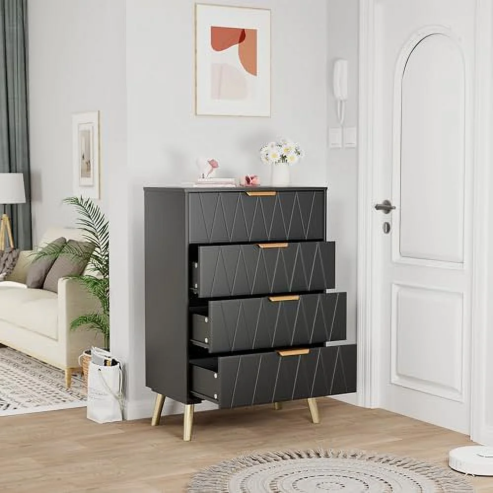 RUNFAYBIU 4 Drawer Dresser  Chest of Drawers  Modern Dresser with   Organizer Unit for Bedroom  Living Room  Hallway  Entryway  Closet(Black)
