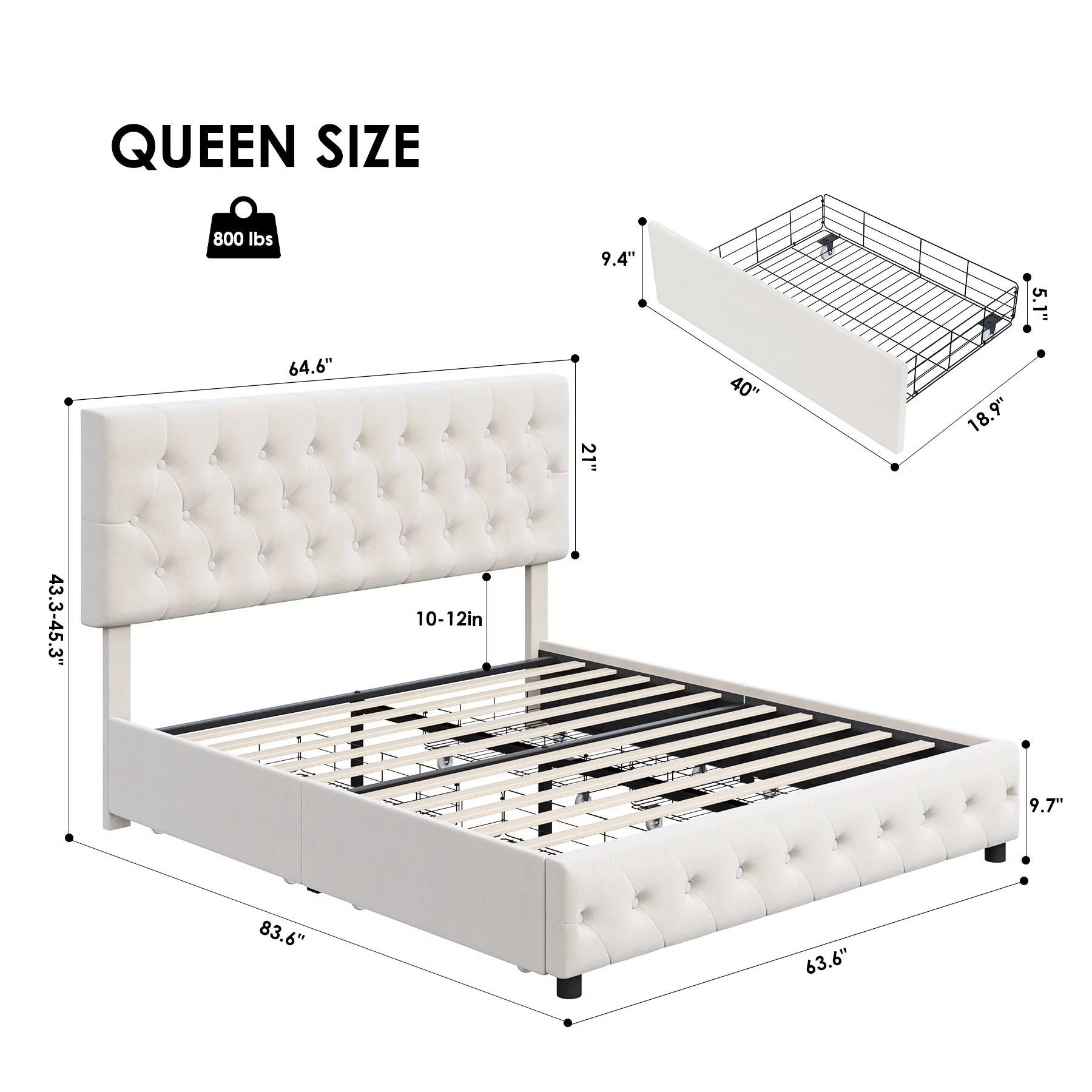 Homfa Queen Size Storage Bed, Velvet Platform Bed Frame with 4 Drawers, Upholstered with Adjustable Headboard, Off White