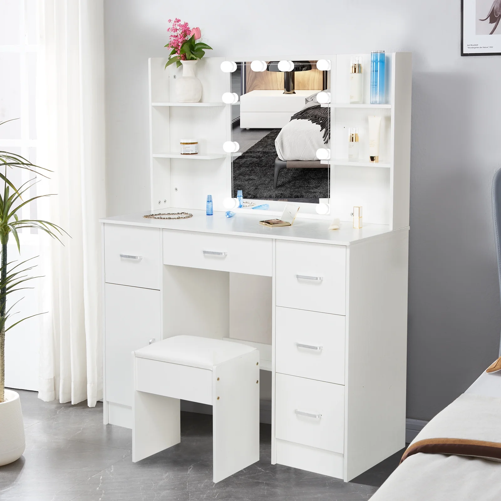 Jarbalai Vanity Set with LED Lights, Makeup Table with Stool, 6 Storage Shelves 5 Drawers, Dressing Table Dresser Desk for Women, Girls, Bedroom, White