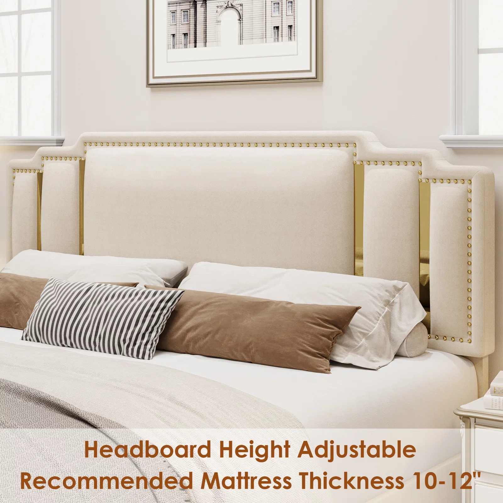 Homfa Full Bed Frame, Luxury Velvet Upholstered Headboard with Golden Iron Sheet & Rivets, Platform Bed with Adjustable Headboard, White