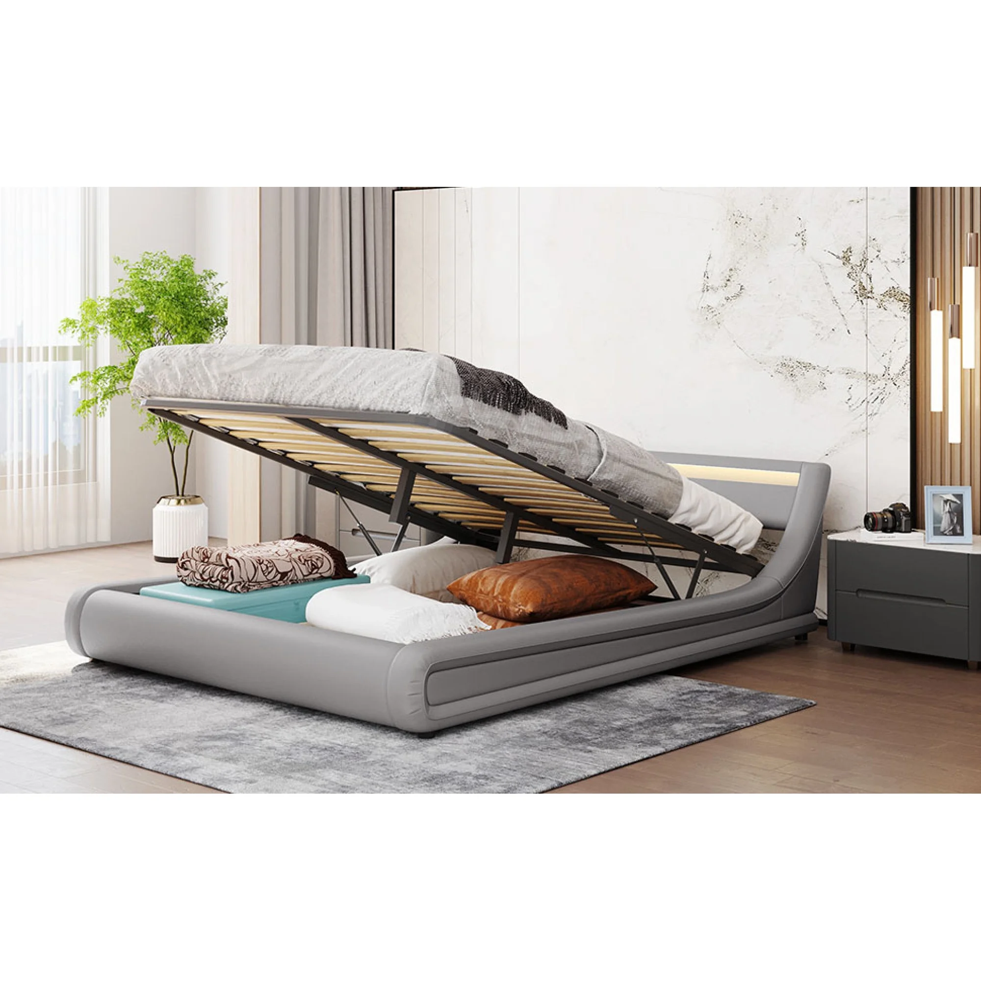 Modern Faux Leather Platform Bed with Hydraulic Storage and LED Light Headboard - Queen Size