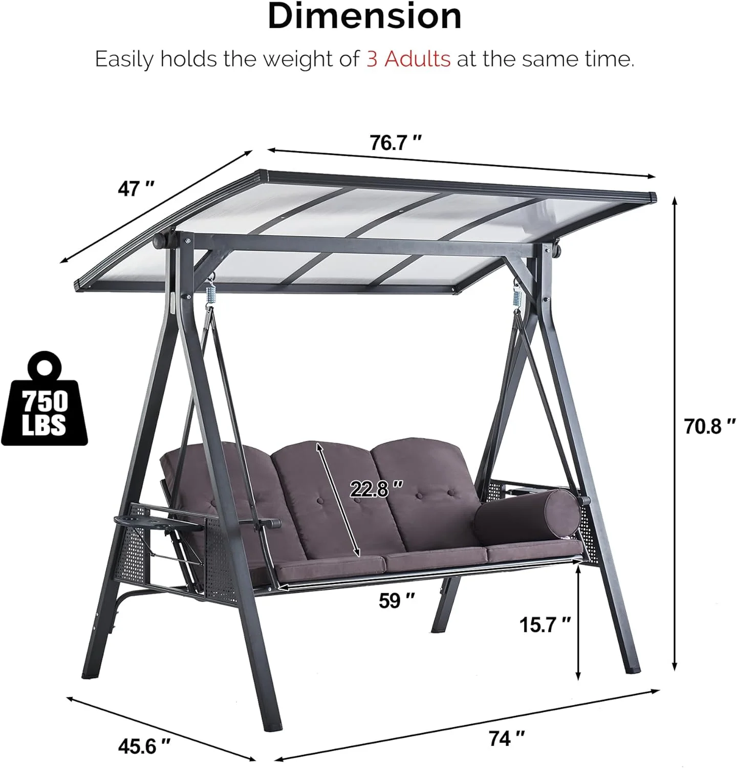 PURPLE LEAF Outdoor Patio Porch Swing with Adjustable PVC Canopy, 3-Seat Swing Chair Bench with Side Cup Holder for Backyard Front Porch Lawn, Cushions and Pillow Included, Grey