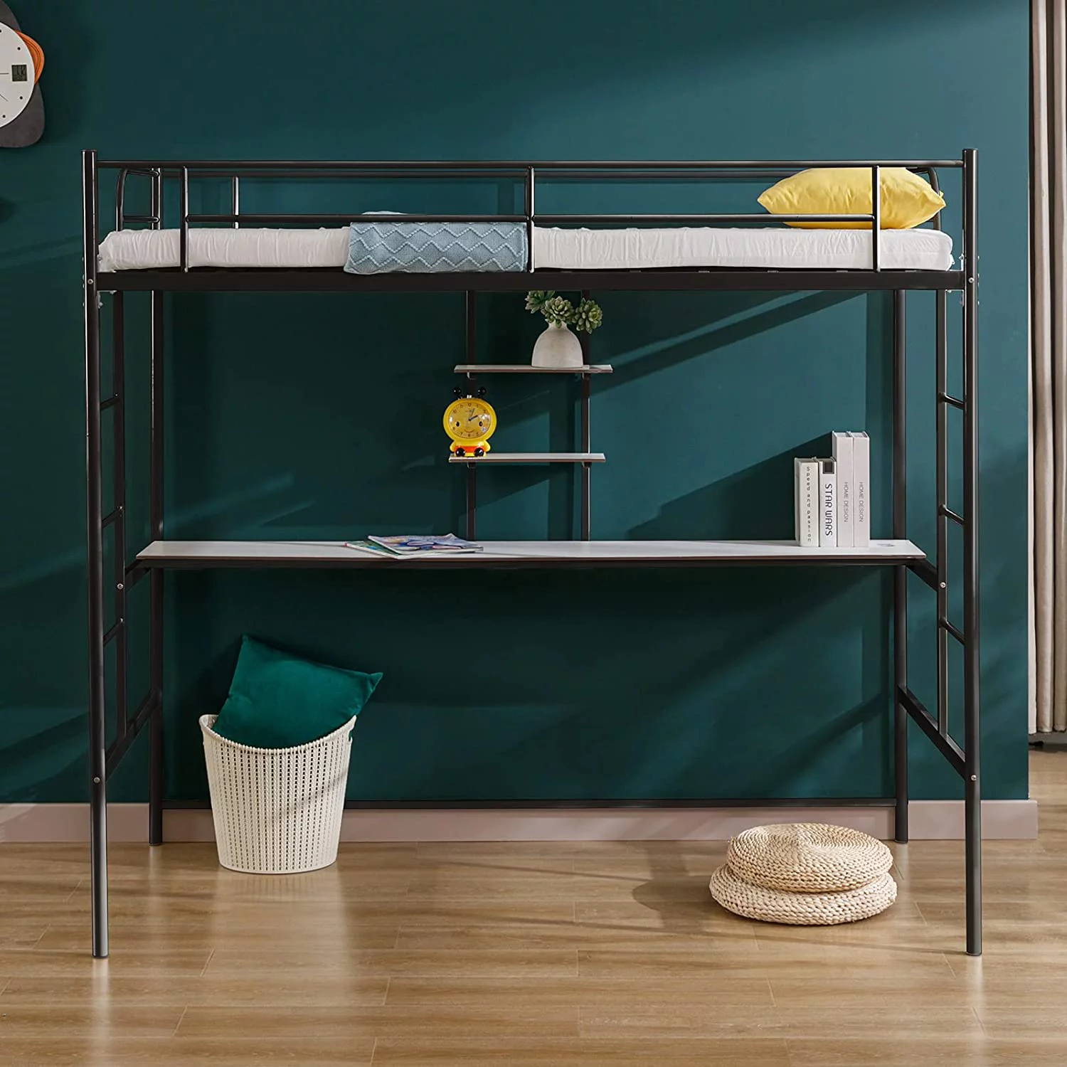 Cuoote Twin Size Metal Loft Bed with Desk, 2 Storage Shelves, Safety Ladder, and Guard Rail, Space-Saving Design, No Box Spring Needed, Black