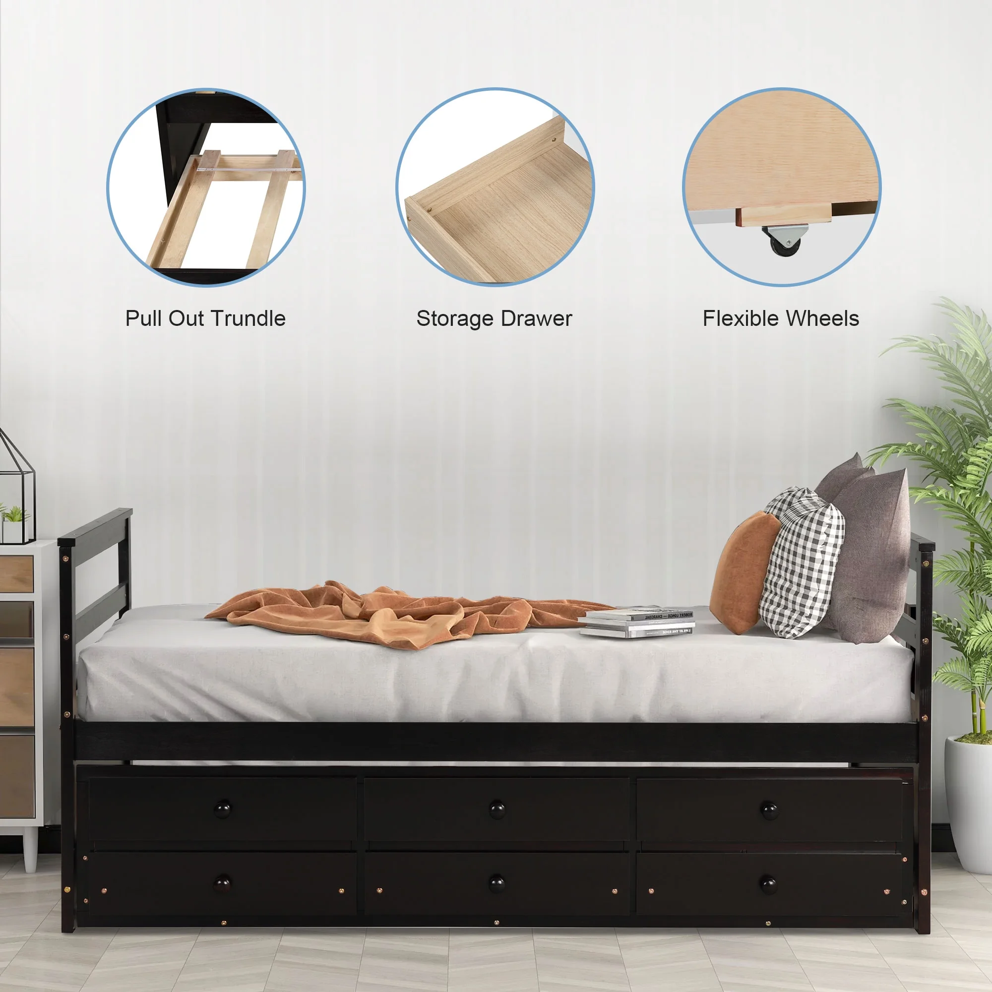 Superjoe Twin Trundle Bed with 3 Drawers Captain Bed Daybed, Wood Frame with Storage, Great for Kids Teens Guests, Brown