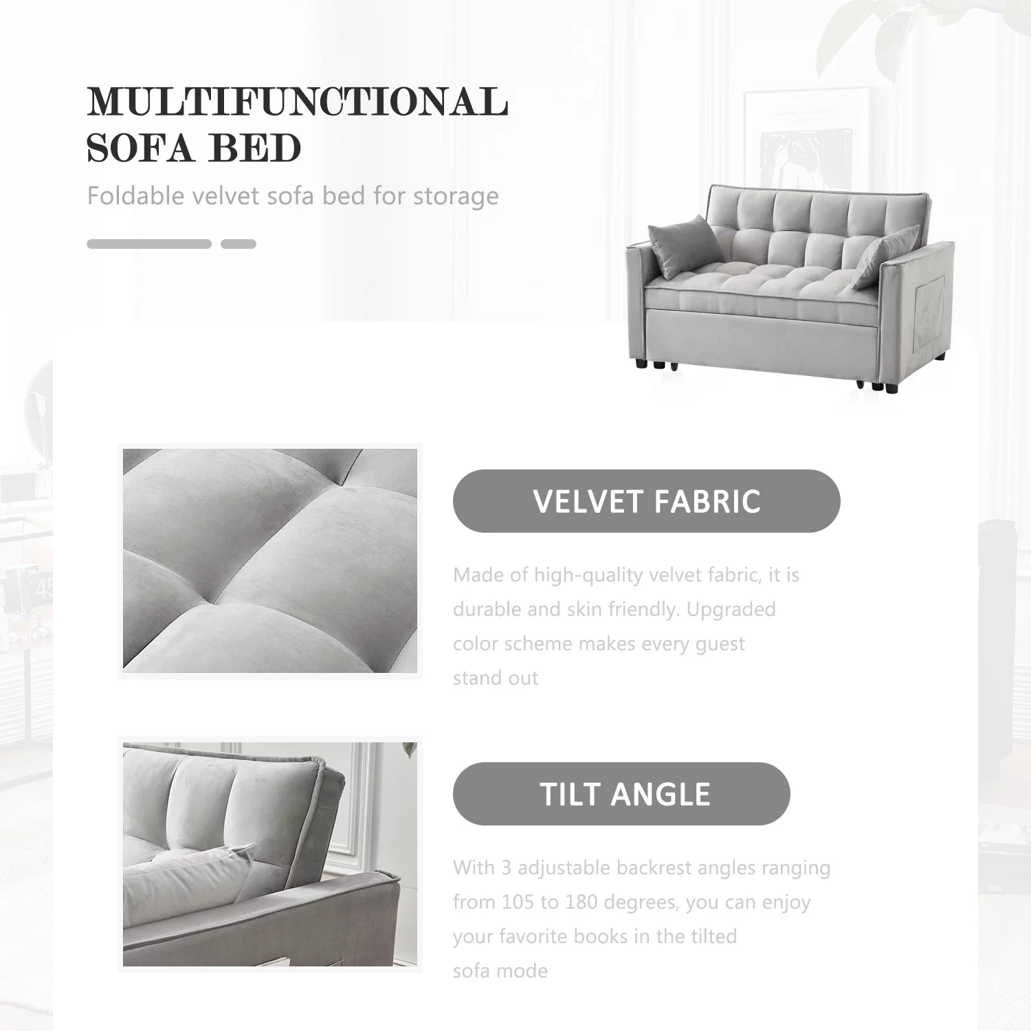 Tzicr 55.5'' 3-in-1 Convertible Sleeper Sofa Bed, Modern Velvet Loveseat Futon Couch Pullout Bed with Adjustable Backrest, Side Storage Pockets and Pillows. (Grey)