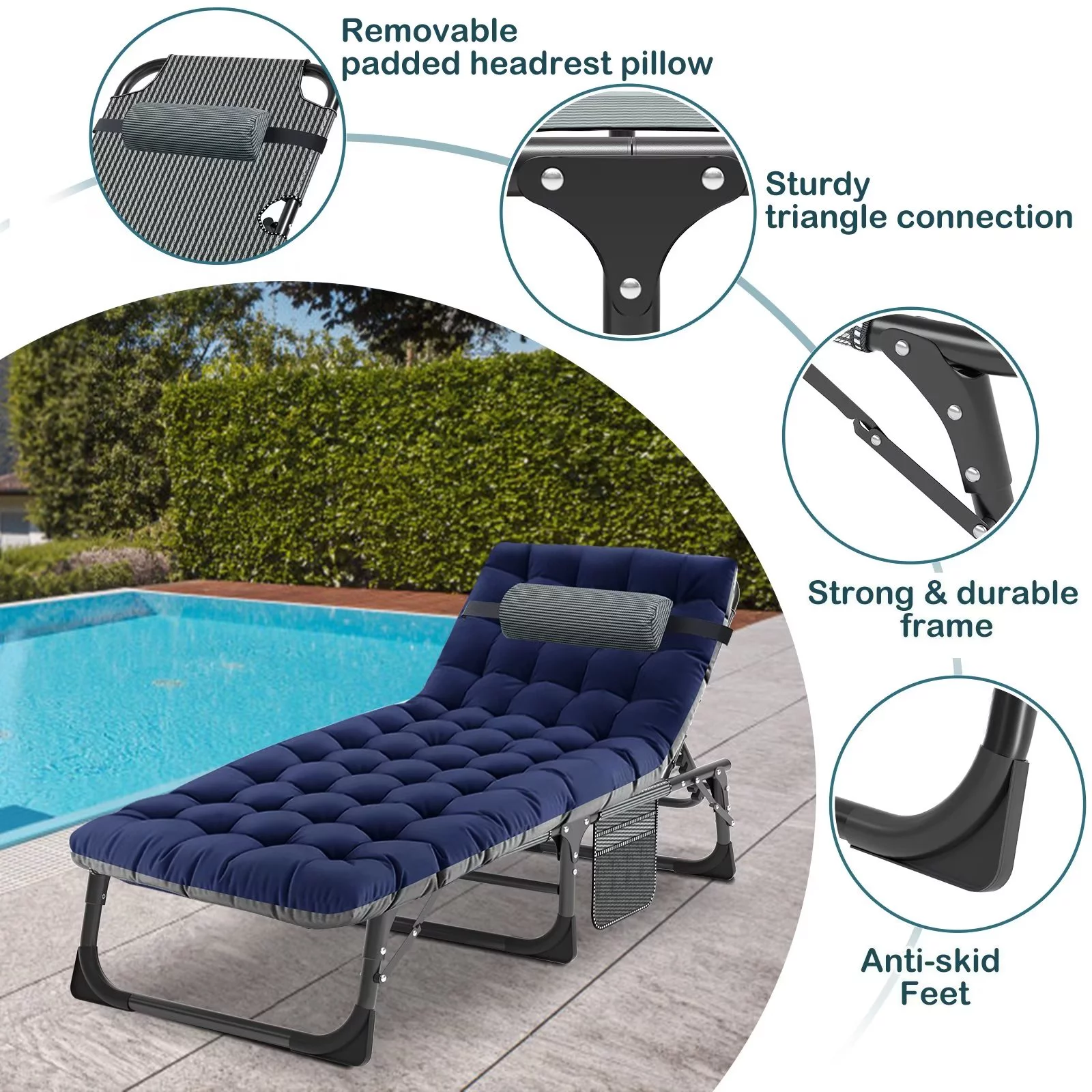 MOPHOTO Set of 2 Patio Lounge Chairs, Folding Chaise Lounge Chair 5-Position, Folding Cot, Heavy Duty Patio Chaise Lounges for Outside, Poolside, Beach, Lawn, Camping