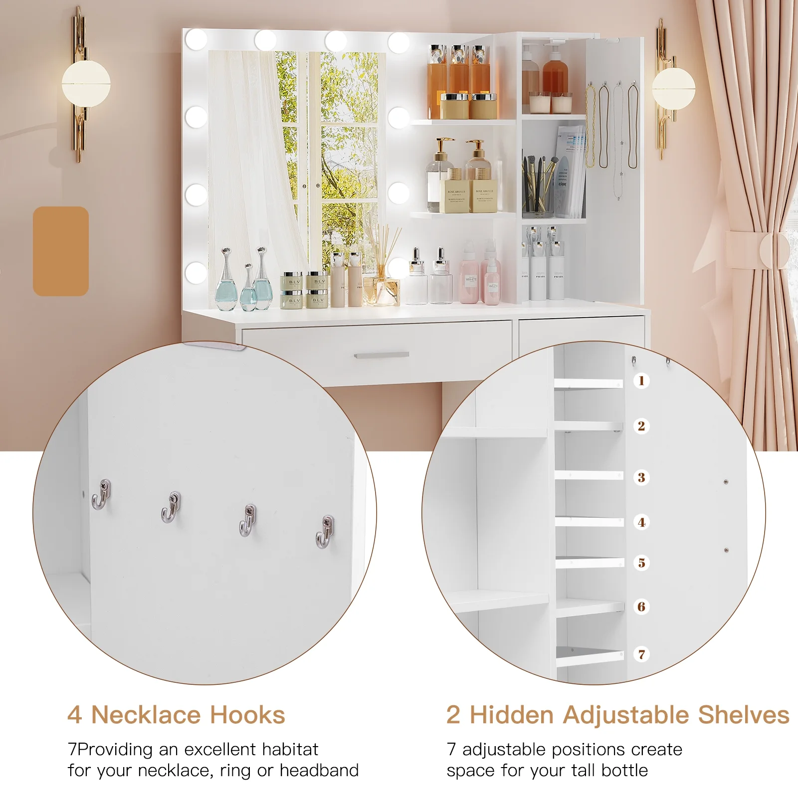 USIKEY Makeup Vanity with Lighted Mirror, Vanity Desk with 4 Drawers and Open Shelves for Bedroom,White YSZT036WD