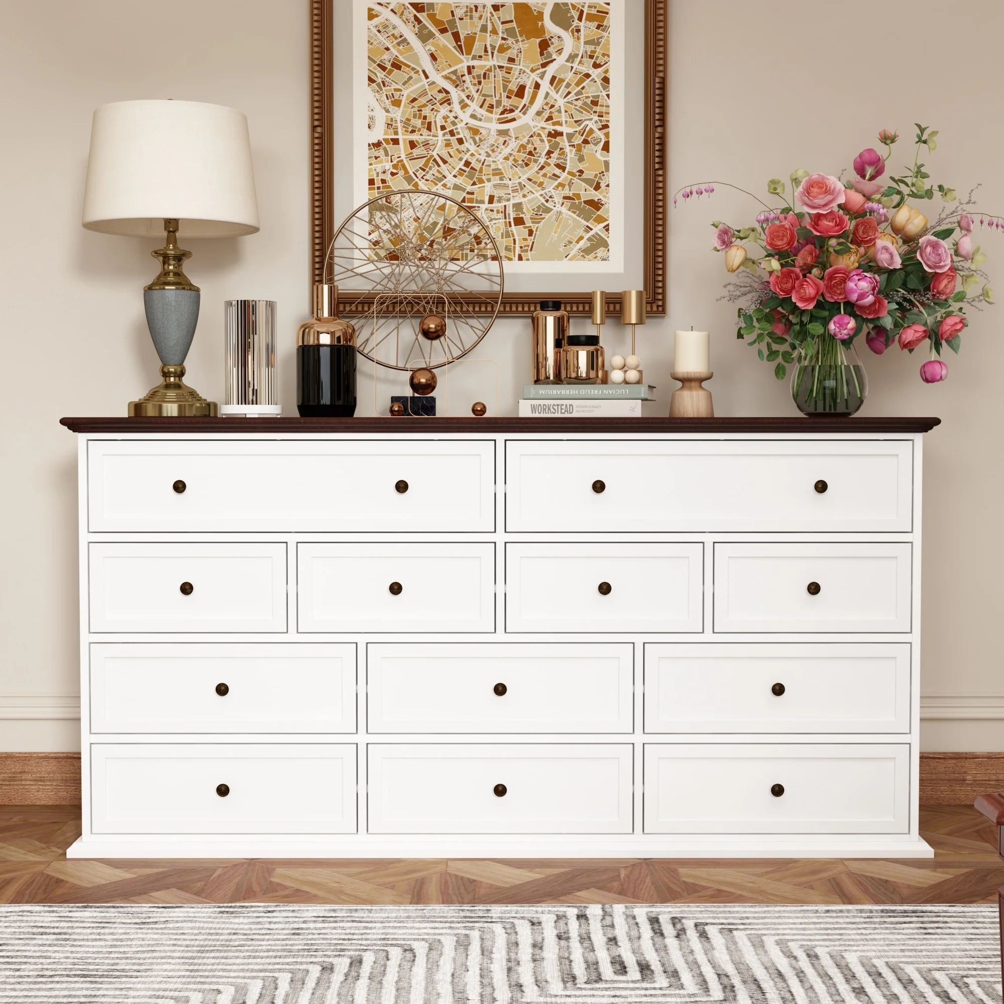 Versatile 12-Drawer Solid Wood Dresser - Brown & White Chest Of Drawer