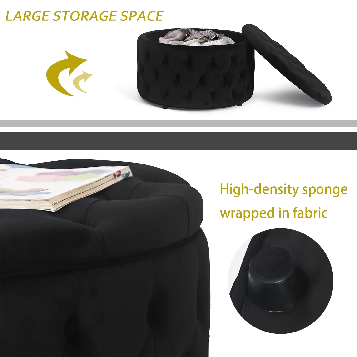 Homebeez Round Storage Ottoman Button Tufted Footrest Stool Coffee Table Children Sofa Stool,Black