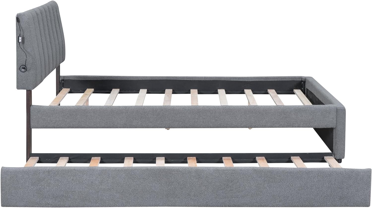 Teddy Fleece Full Size Upholstered Platform Bed with Trundle, Wood Bed Frame with Upholstered Headboard, LED Bed Frame for Bedroom, No Box Spring Needed, Easy Assembly