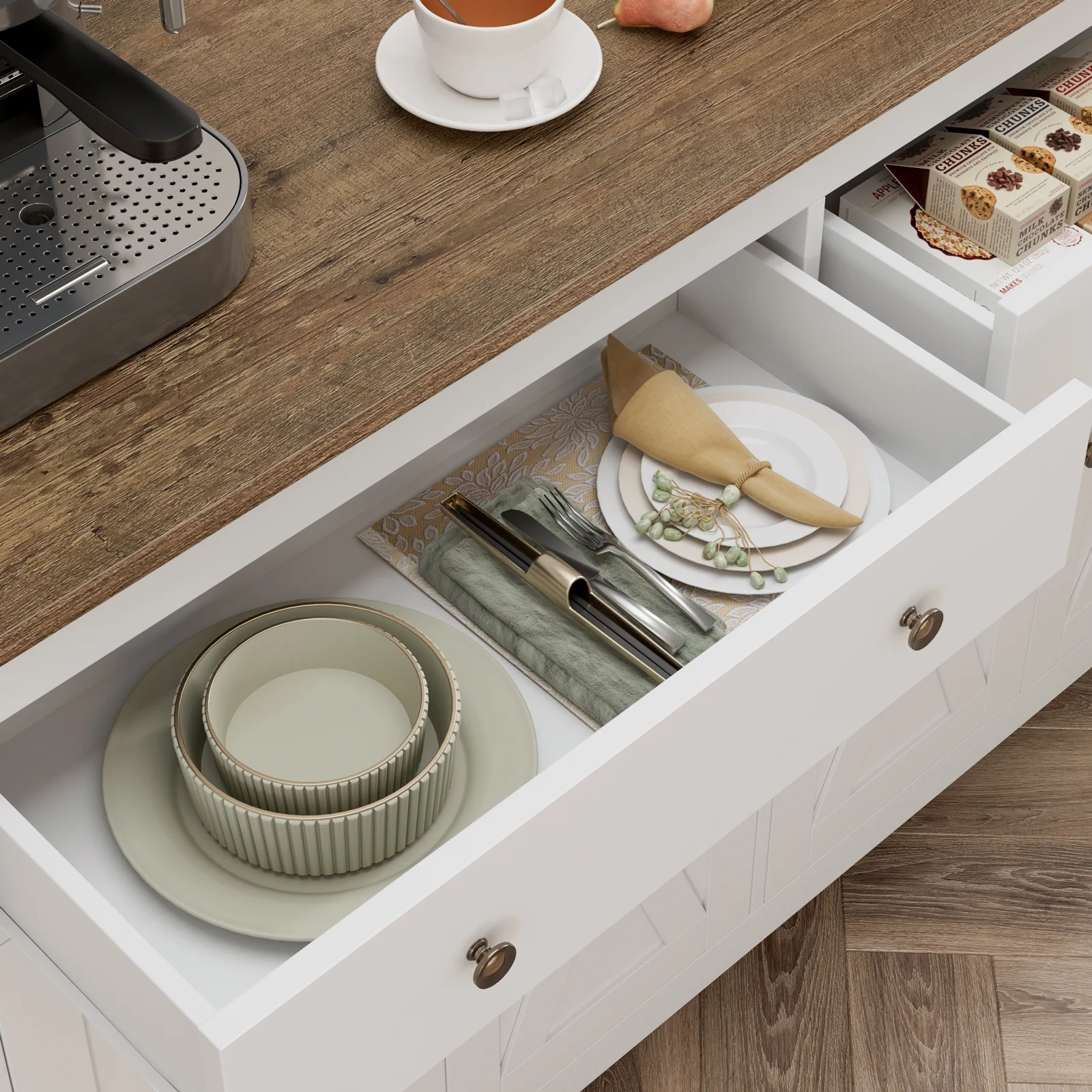 Homfa 4-Doors 2-Drawers Farmhouse Storage Cabinet, Wood Sideboard with Adjustable Shelves for Kitchen Dining Room, White