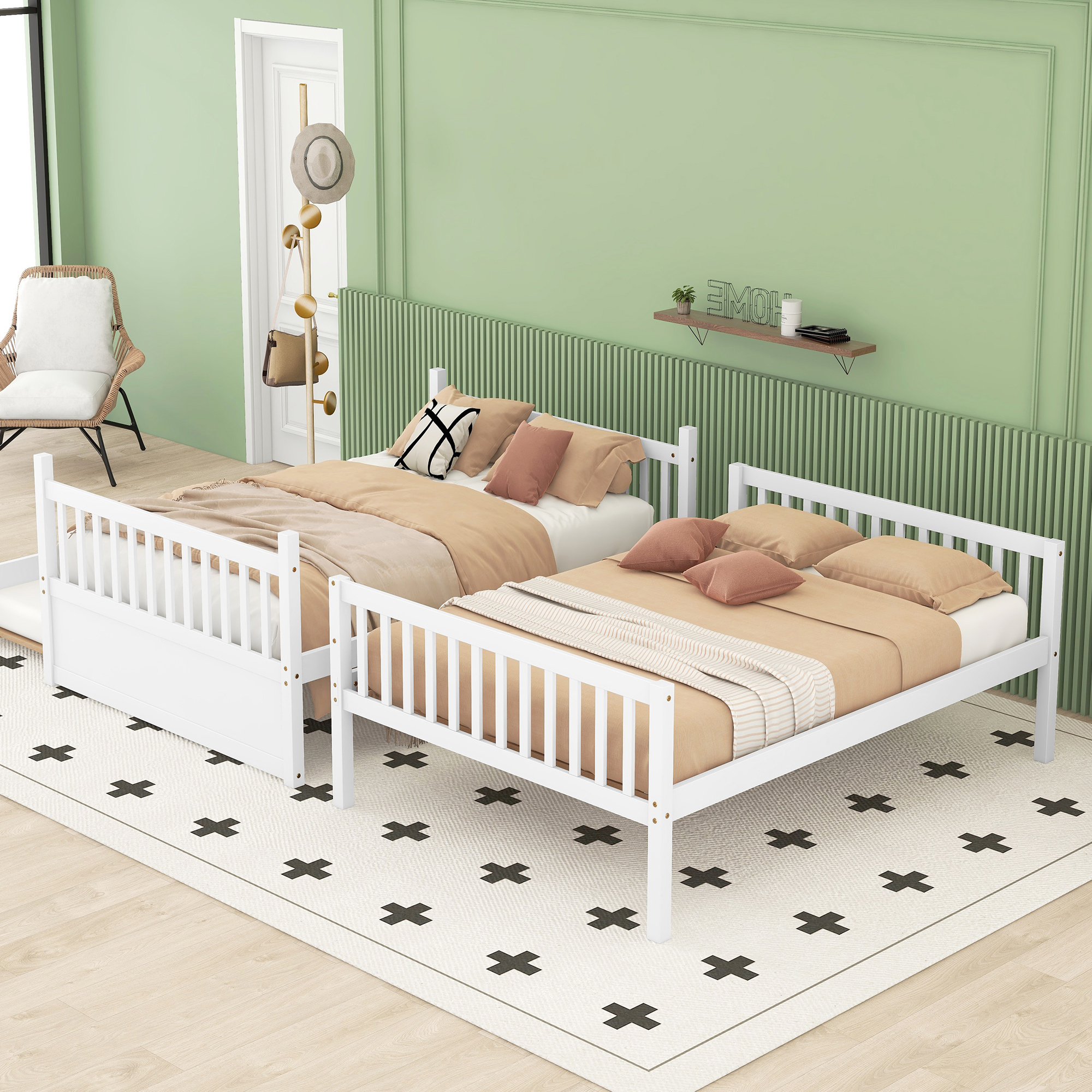 Bellemave Full Over Full Bunk Bed with Trundle,Wooden Trundle Bed Frame with Ladder,Convertible to 2 Platform Beds for Kids Teens Adults(White)