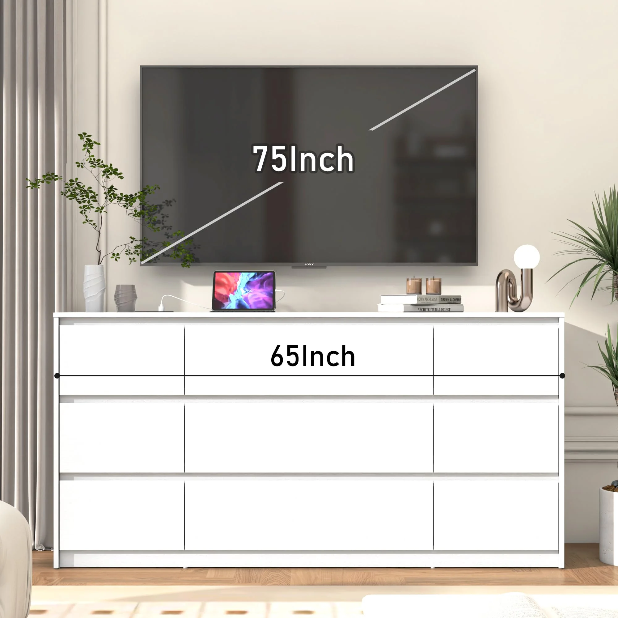 ChVans White 9 Drawer Dresser for Bedroom with Charging Station, 63