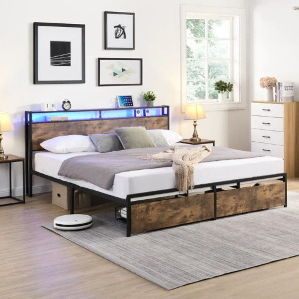 Queen Bed Frame, Storage Headboard with Charging Station, Solid and Stable, Noise Free, No Box Spring Needed, Easy Assembly  Antique brown + Metal & Wood + Bedroom + Queen + Bed Frame + Metal