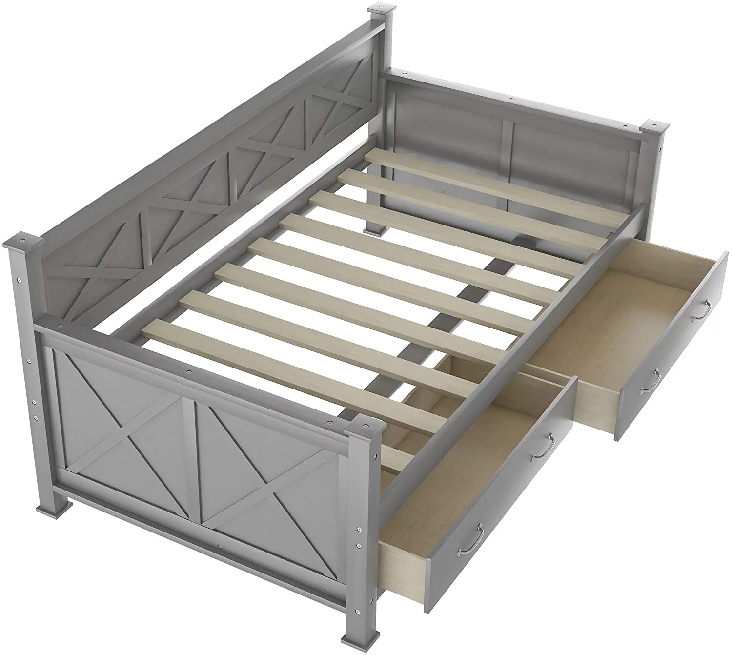 Size Daybed With Two Storage Drawers, Wood Multifuctioal Sofa Bed X-Shaped Frame, Moder Daybed With Slat Support For Bedroom Livig Room, Grey