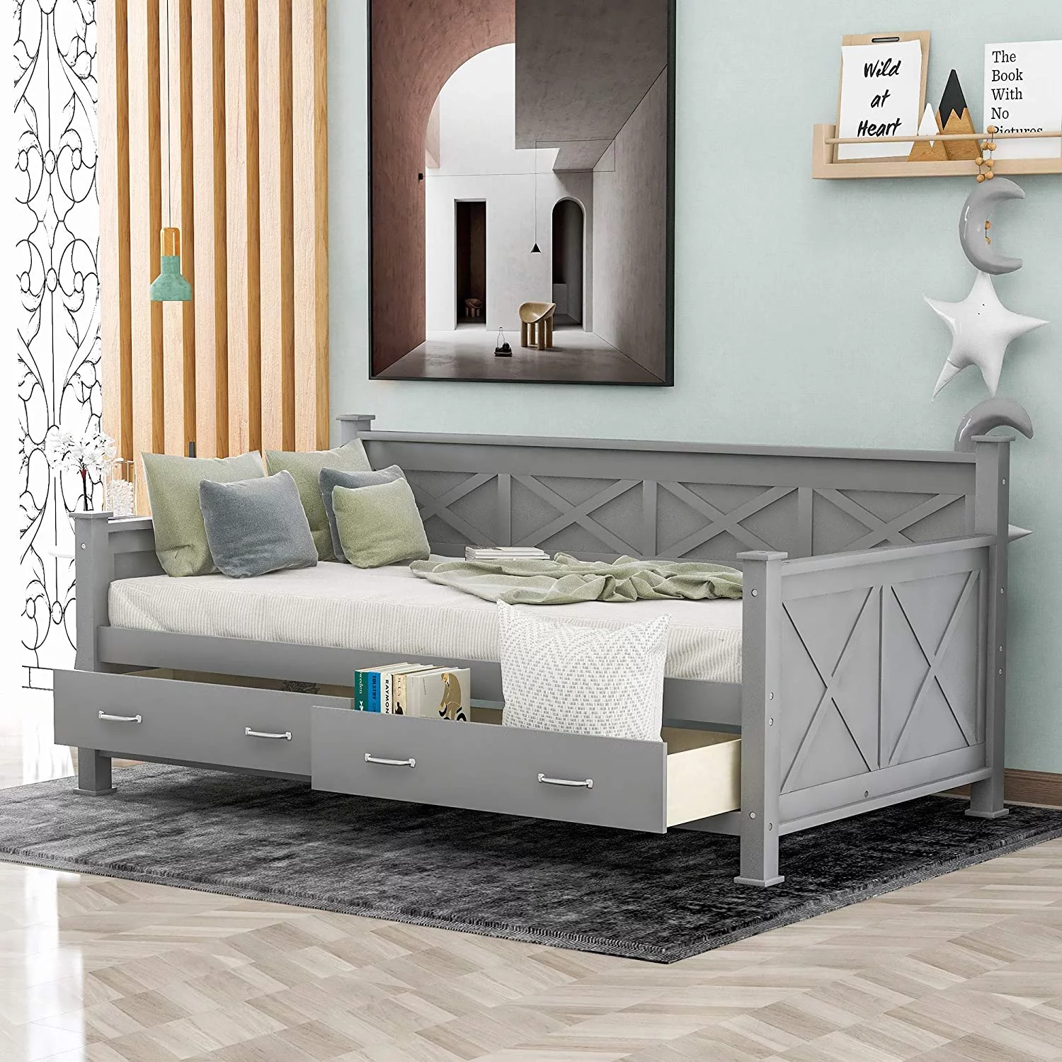 Size Daybed With Two Storage Drawers, Wood Multifuctioal Sofa Bed X-Shaped Frame, Moder Daybed With Slat Support For Bedroom Livig Room, Grey